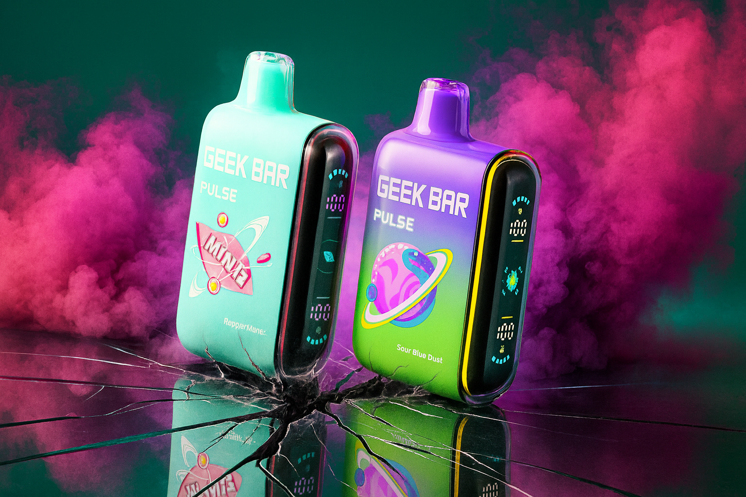 The photo shows two brightly colored vape devices standing upright on a cracked reflective surface with vibrant pink smoke clouds in the background. The turquoise device on the left is labeled 