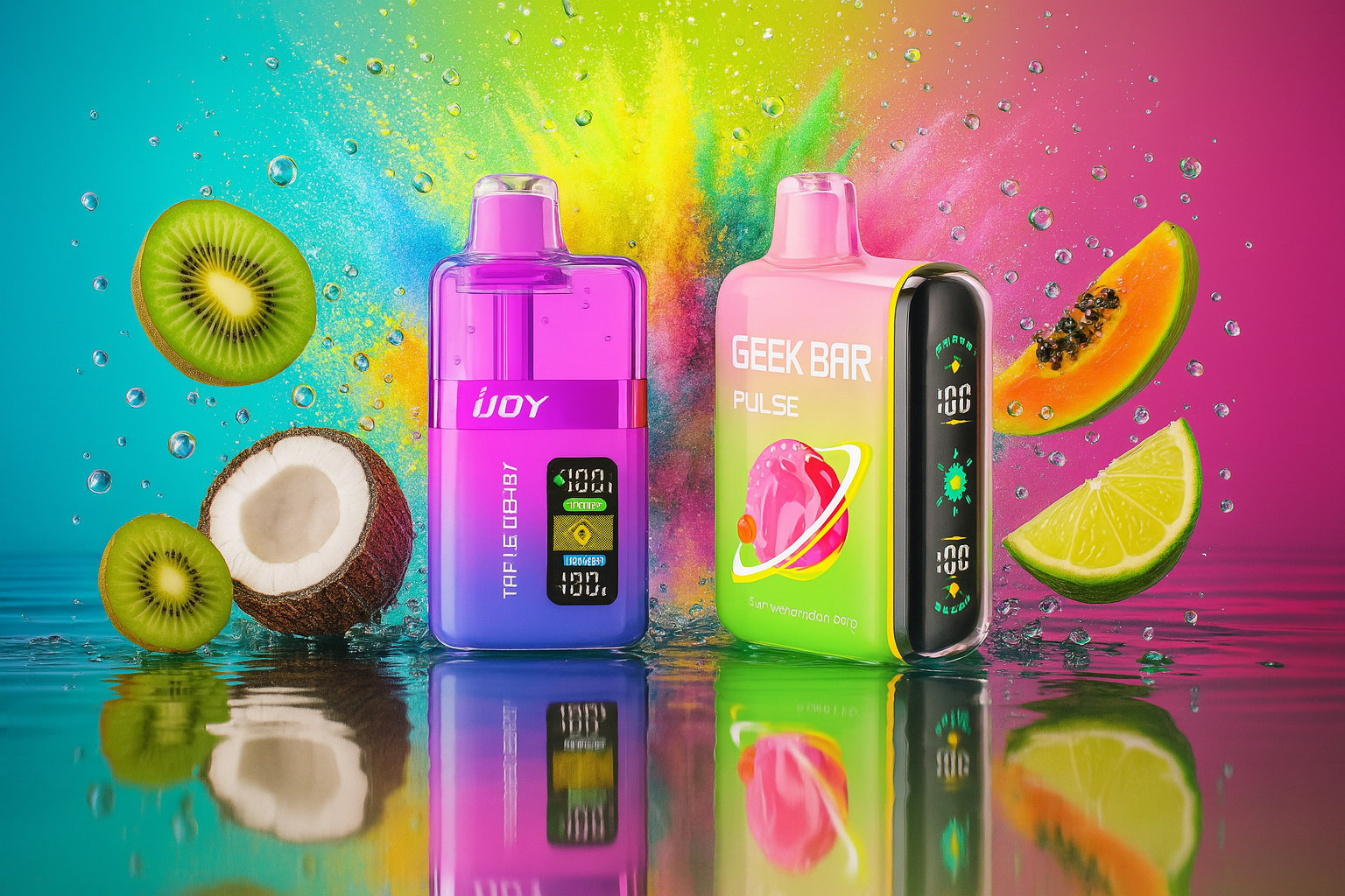 The image displays two vibrant vape devices standing upright on a reflective surface, surrounded by splashes of water and an array of tropical fruits including sliced kiwi, lime, papaya, and coconut. The left device, labeled 