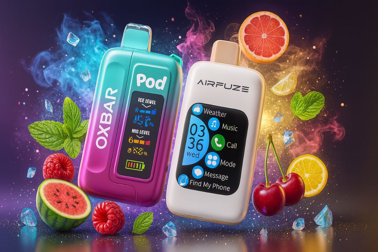The image features two vibrant electronic devices resembling vape pods or smart gadgets, placed among a lively arrangement of fruits including cherries, watermelon slices, mint leaves, and ice cubes. The left device, labeled 