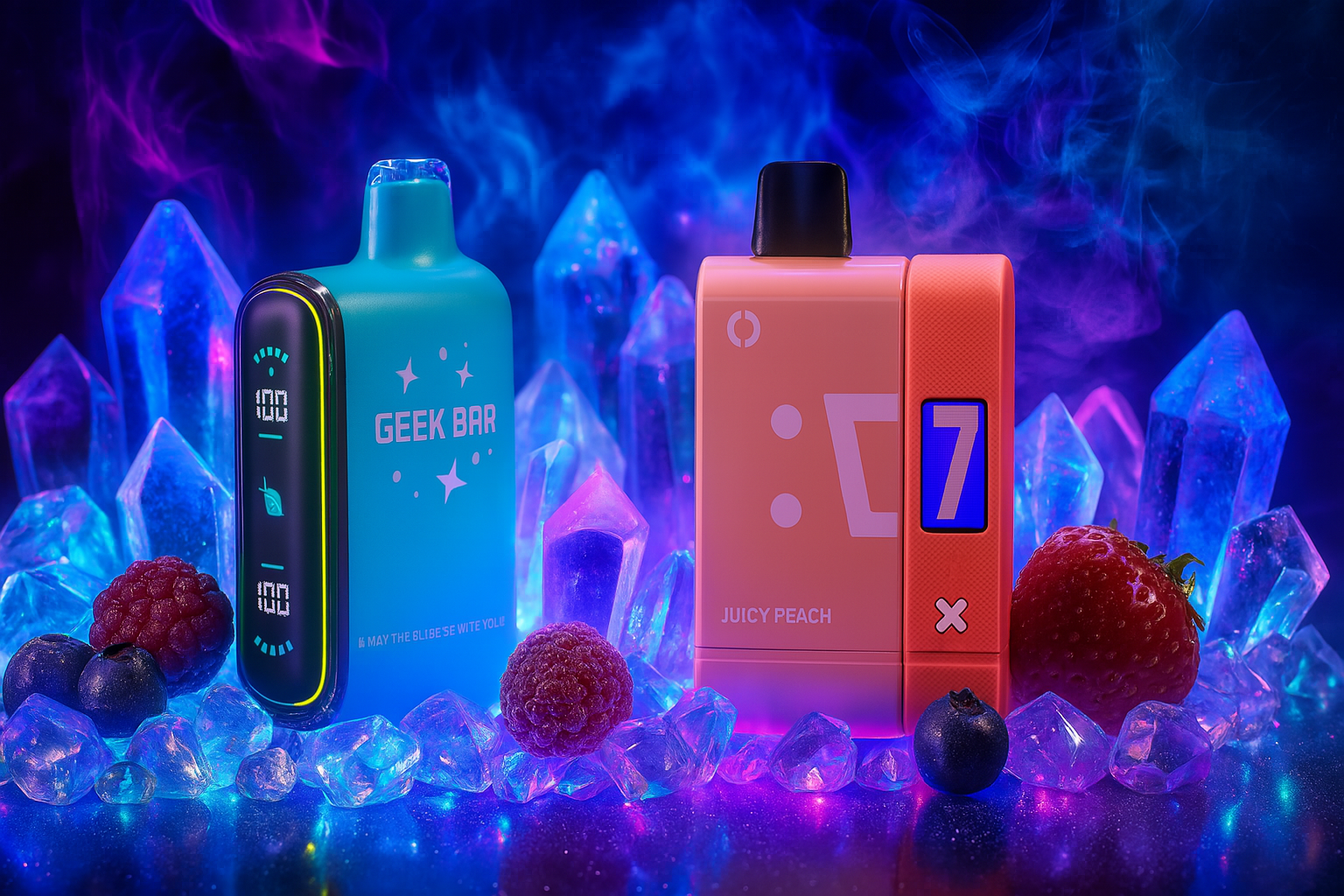Two vibrant vape devices are set in a dazzling, futuristic scene filled with glowing crystal formations and a medley of berries—raspberries, blueberries, and a strawberry—evoking a sense of juicy freshness and electric energy. The left device, 