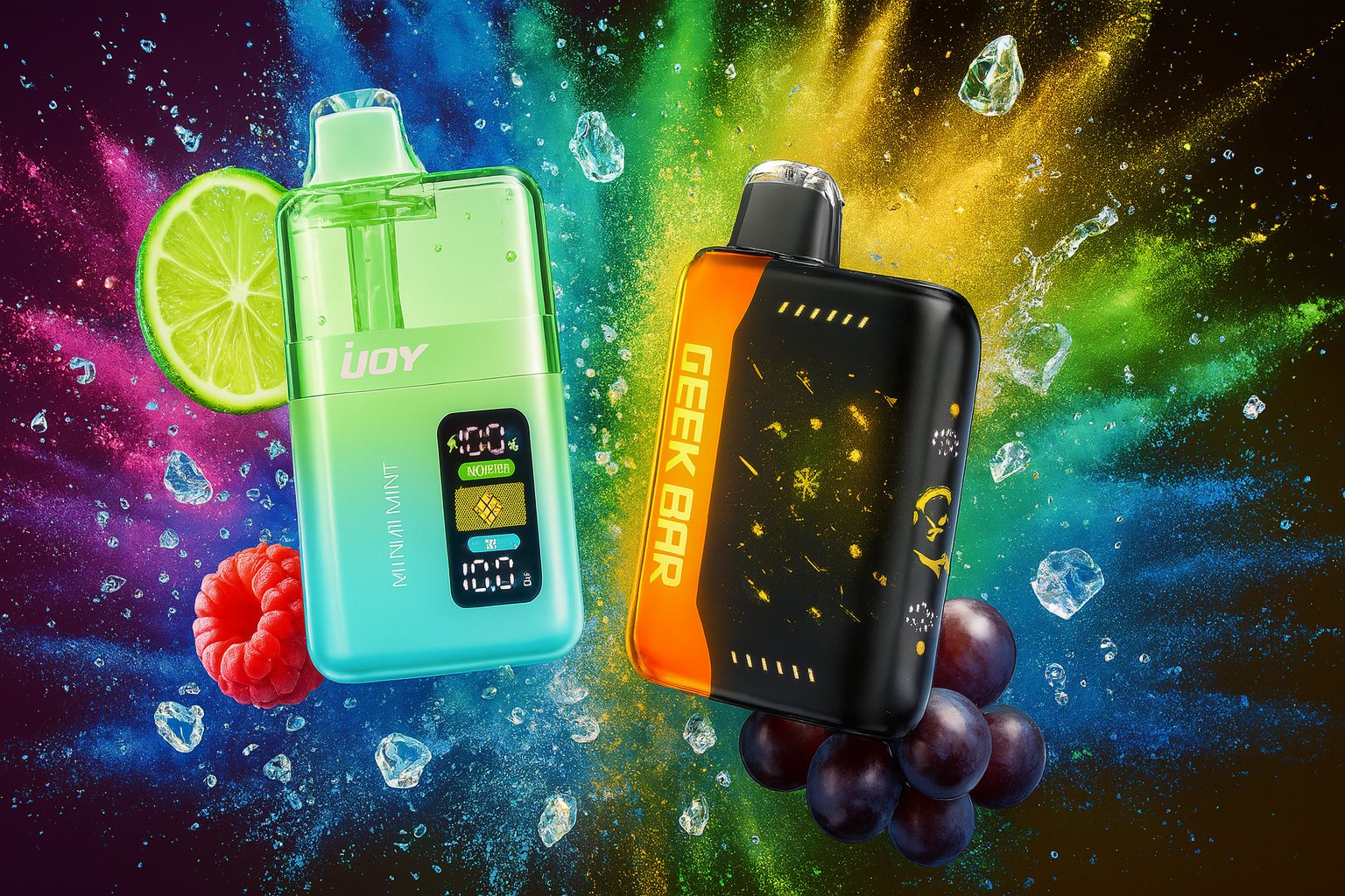 The image features two vibrant vape devices set against a dynamic explosion of multicolored powder and scattered ice cubes, creating a sense of freshness and intensity. On the left, the mint green and blue 