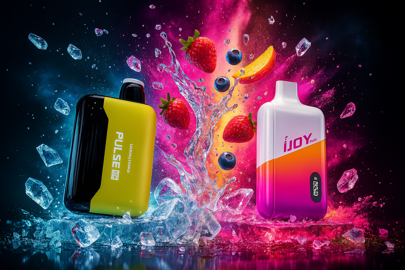 The image showcases two vibrant vape devices—one labeled 