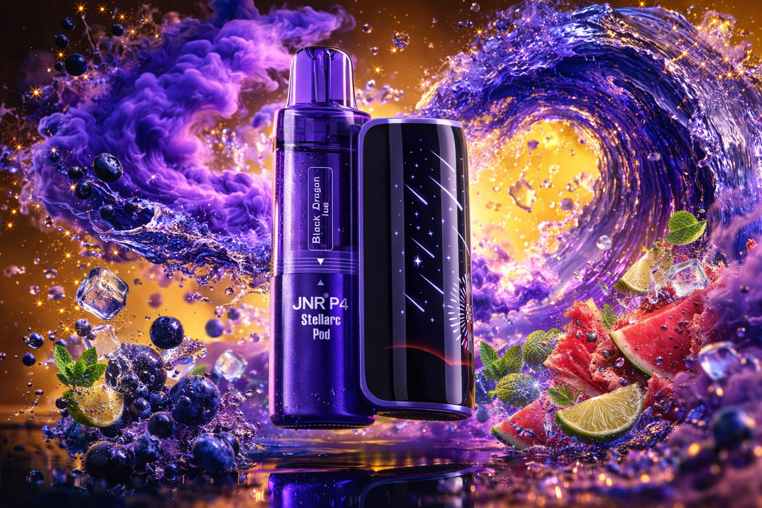Two sleek vape devices stand side by side against a vivid backdrop of swirling purple vapor and golden light. The left device, labeled “JNR P4 Stellarc Pod” and “Black Dragon Blue,” shines in metallic violet tones, while the right one features a glossy black surface with cosmic star patterns. Around them, splashes of water mix with ice cubes, blueberries, lime slices, watermelon pieces, and mint leaves, creating a dynamic sense of freshness and flavor. The composition feels energetic and luxurious, blending celestial and fruity elements in a visually striking contrast.