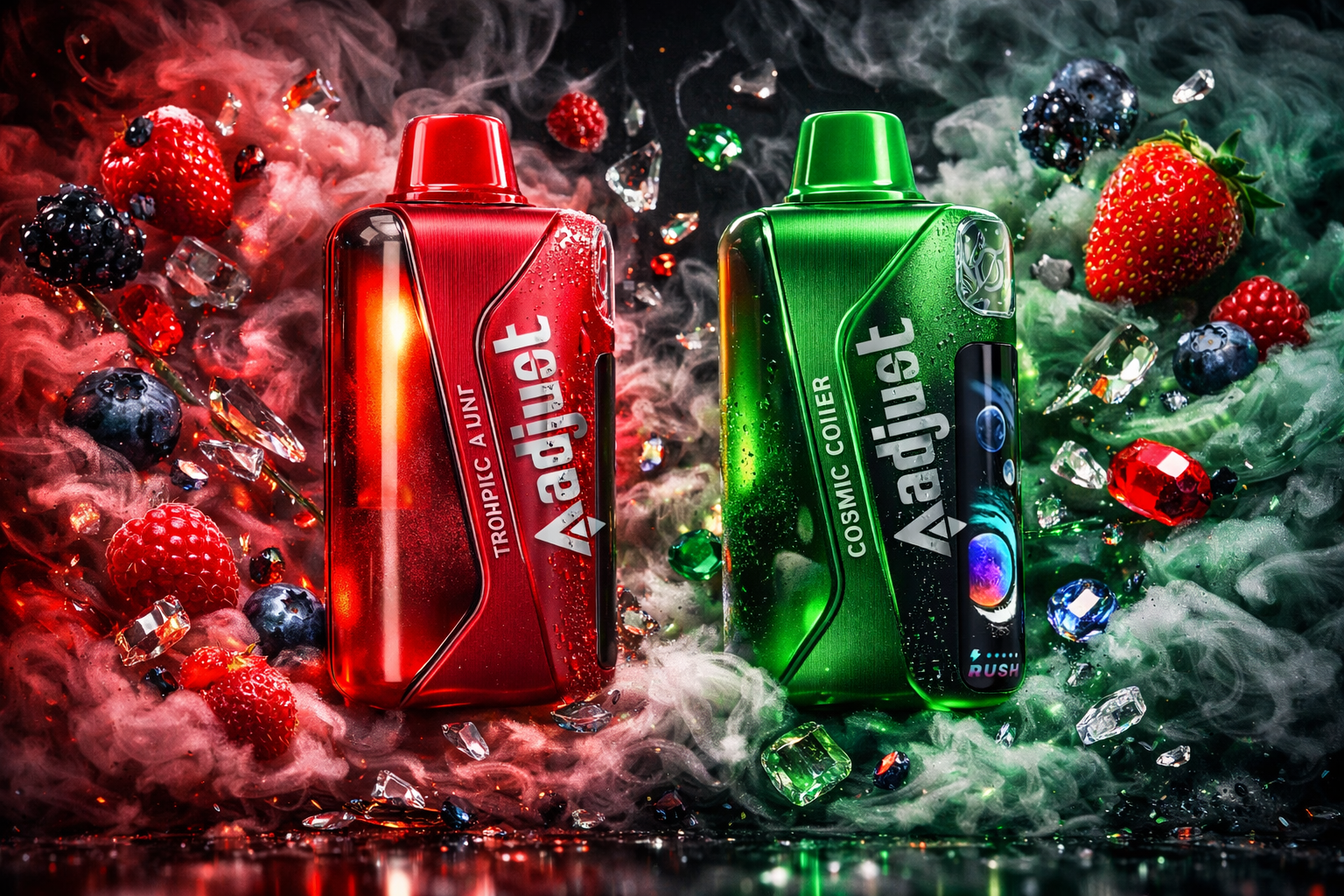 Two sleek vape devices labeled “Aadjuet” stand side by side amid a dramatic swirl of colored vapor and scattered gemstones. The red device on the left, marked “TROPHIC A LUNT,” is surrounded by red mist, raspberries, blackberries, and blueberries, evoking warmth and intensity. The green device on the right, labeled “COSMIC COILER,” is enveloped in green smoke with strawberries, mint leaves, and shimmering gems, symbolizing freshness and energy. The composition contrasts fiery red and cool green tones, creating a bold, futuristic aesthetic.