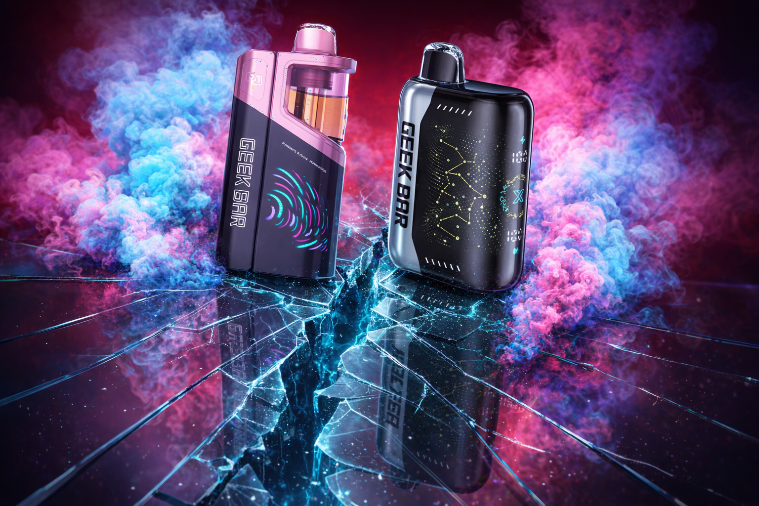 The photo shows two vape devices branded “GEEK BAR” placed on a cracked glass surface, surrounded by vibrant clouds of pink, purple, and blue smoke. The device on the left has a pink and black body with a visible liquid chamber and neon swirl design, featuring the slogan “POWER IN HAND, FLAVOR IN MIND.” The device on the right is black with constellation-like graphics, stylized symbols, and a bold “X.” The dramatic, colorful background enhances their futuristic and high-tech aesthetic, making the scene striking and promotional in style.