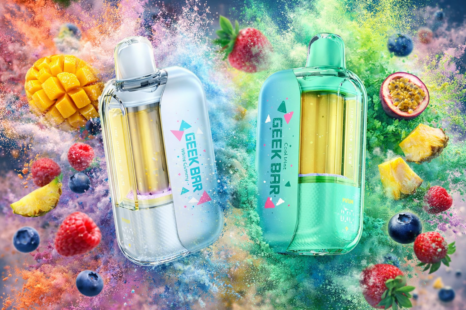 The photo shows two brightly colored vape devices surrounded by an energetic burst of fruit and powder. On the left, the silver “GEEK BAR Water Gummy” reveals golden internal components, paired with mango, berries, pineapple, and passion fruit. On the right, the green “GEEK BAR Cool Mint” stands out against a dynamic explosion of multicolored powder, emphasizing freshness and flavor.