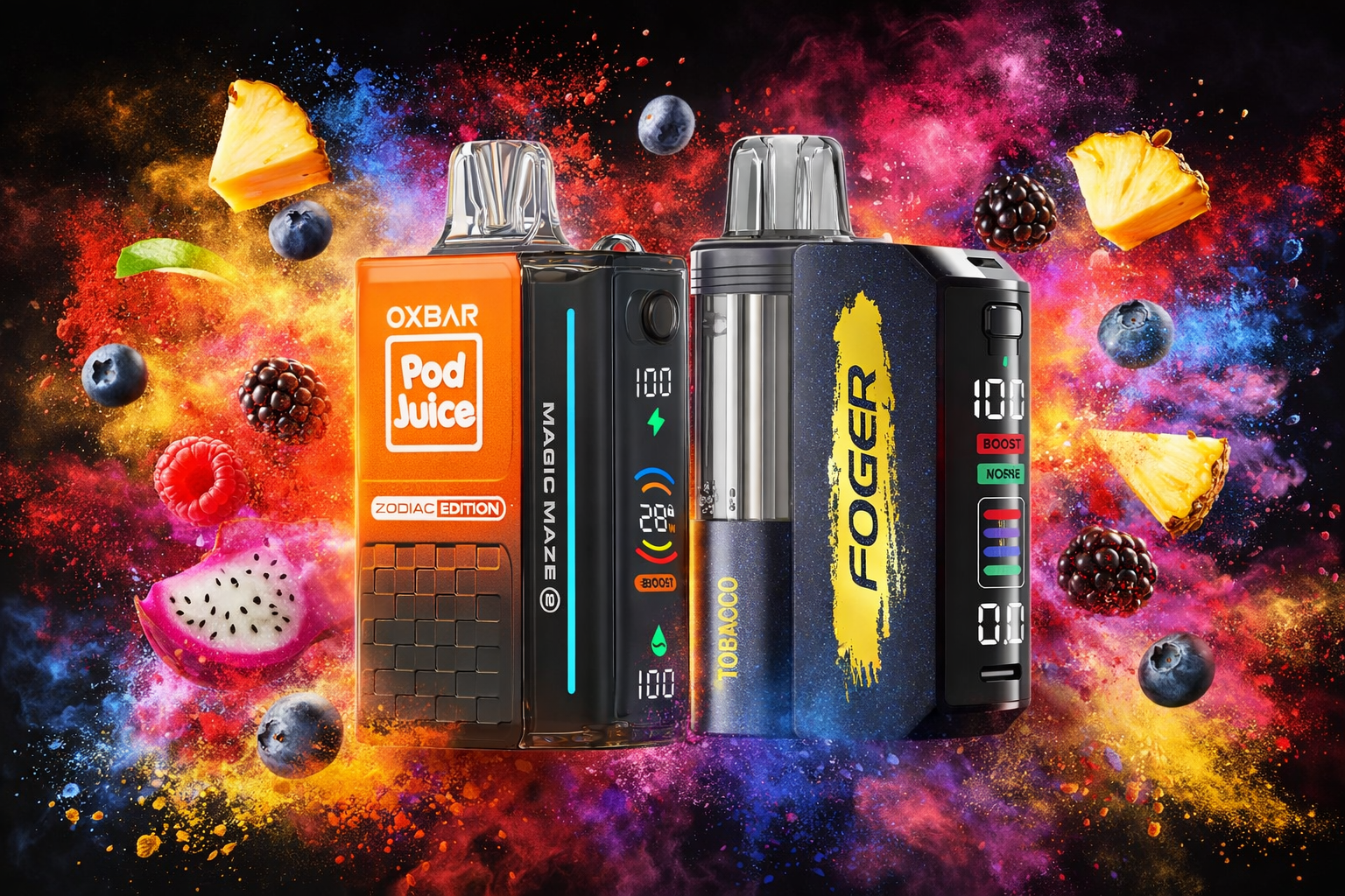The photo shows two vibrant vaping devices set against a dynamic explosion of colorful powder and fruit pieces. On the left, an orange device labeled “OXBAR Pod Juice Zodiac Edition Magic Maze” stands out, while the right features a dark blue “FOGER Tobacco” vape. The background bursts with pineapple, berries, lime, and dragon fruit, emphasizing fruity flavors and energy. The overall composition is bold and modern, highlighting both flavor variety and sleek design.