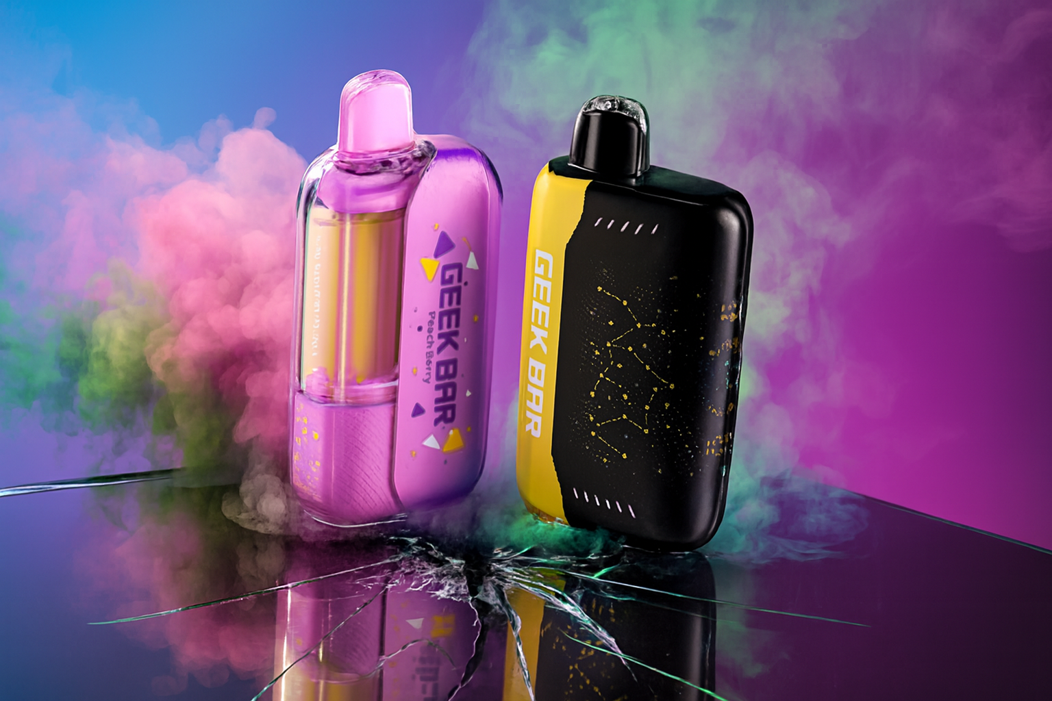 The photo shows two colorful vape devices placed on a cracked reflective surface surrounded by vibrant smoke in shades of pink, green, and purple. The left device is predominantly pink and labeled GEEK BAR Peach Berry with decorative geometric shapes, while the right device is black with a yellow stripe and the label GEEK BAR featuring a constellation-like pattern. The dramatic background of blue, purple, and green hues enhances the bold and eye-catching design.