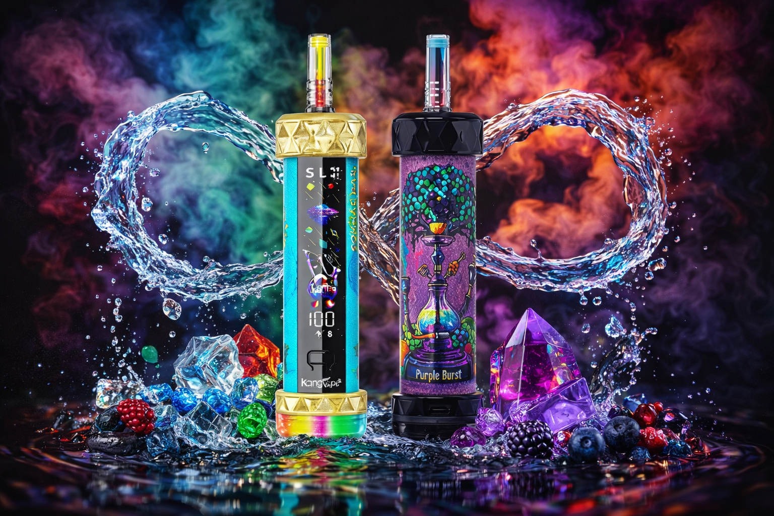 Two vibrant vape devices stand upright amid a dynamic splash of water shaped like an infinity loop. The left device, turquoise with a gold geometric top, displays digital text and the brand “Kangvape,” while the right one, purple with a black top, features an artistic hookah illustration labeled “Purple Burst.” Around them lie colorful gemstones, ice cubes, and assorted berries, adding a sense of luxury and freshness. The background glows with swirling multicolored vapor, creating a bold and energetic visual contrast.