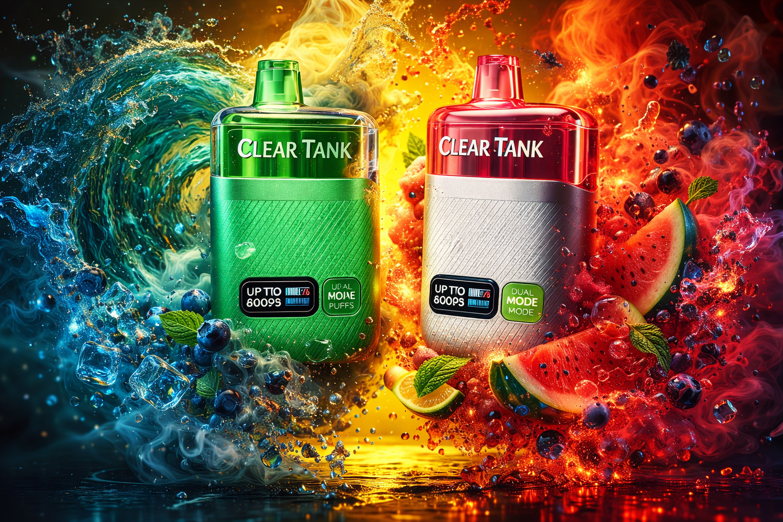 Two sleek vape devices labeled “CLEAR TANK” stand side by side against a dramatic backdrop of swirling water and fire. The green device on the left is surrounded by cool blue tones, ice cubes, blueberries, and mint leaves, evoking a refreshing sensation. The red and silver device on the right is framed by fiery orange hues, watermelon slices, and vapor, symbolizing warmth and intensity. The composition highlights contrast and energy, blending cool and hot elements in a vibrant, high-impact visual.