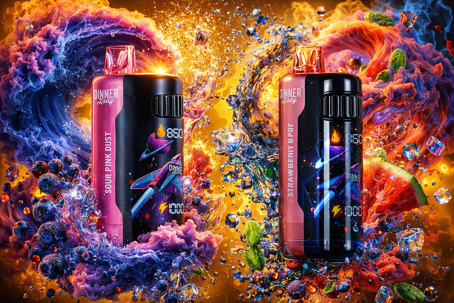 Two Dinner Lady disposable vapes are showcased against a vivid, explosive background of swirling purple and orange smoke, water splashes, and floating ice cubes. The left device features a pink and black body with 