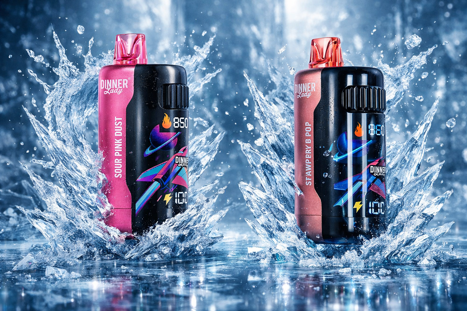 Two Dinner Lady disposable vapes are captured mid-splash in a dramatic icy blue water environment, with large crystalline water jets erupting symmetrically around each device. The left device features a hot pink body with a matching mouthpiece and 