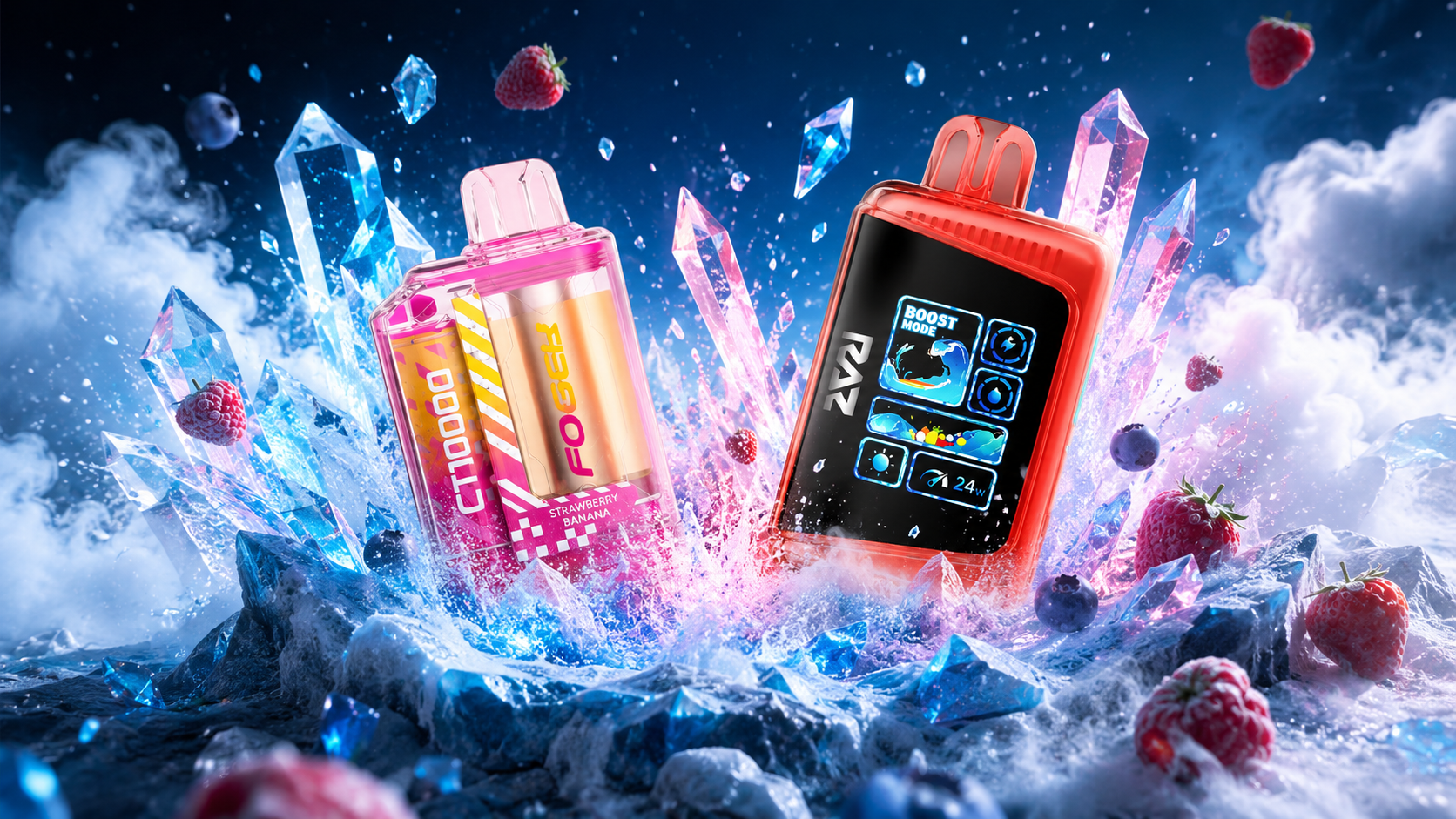 Two brightly colored vape devices are displayed side by side, surrounded by ice crystals, mist, and floating berries. The left device in pink and yellow features the label “FOGER CT10000” with the flavor “Strawberry Banana,” while the right orange-red device shows a digital screen with “BOOST MODE” and “24W.” The background bursts with glowing frozen effects and fruit imagery, highlighting a cool, fruity theme.