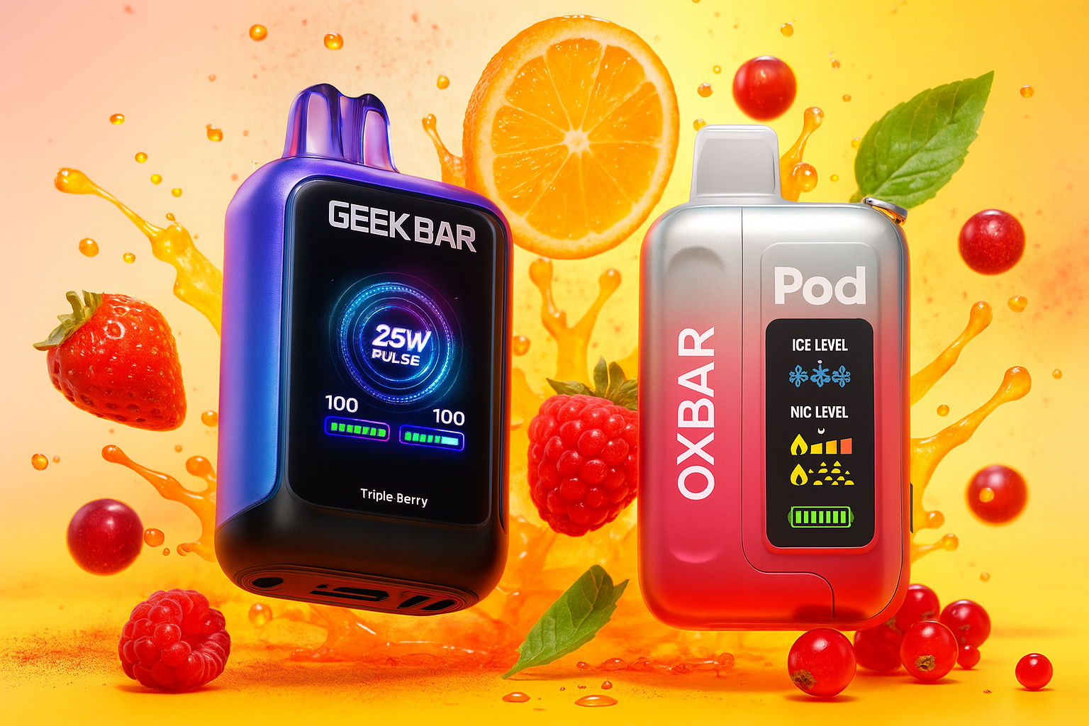 The image features two vibrant vape devices set against a lively backdrop of fruit splashes and powdered bursts in green, orange, and blue. The left device, labeled “GEEK BAR,” displays “25W PULSE” with digital indicators showing full battery and puff levels, and highlights the flavor “Triple Berry.” The right device, branded “OXBAR Pod,” includes bar graph indicators for “ICE LEVEL” and “NIC LEVEL,” suggesting customizable intensity. Surrounding the devices are juicy fruits like strawberries, raspberries, and an orange slice, reinforcing the fruity, refreshing theme. The composition radiates energy, flavor, and modern design appeal.