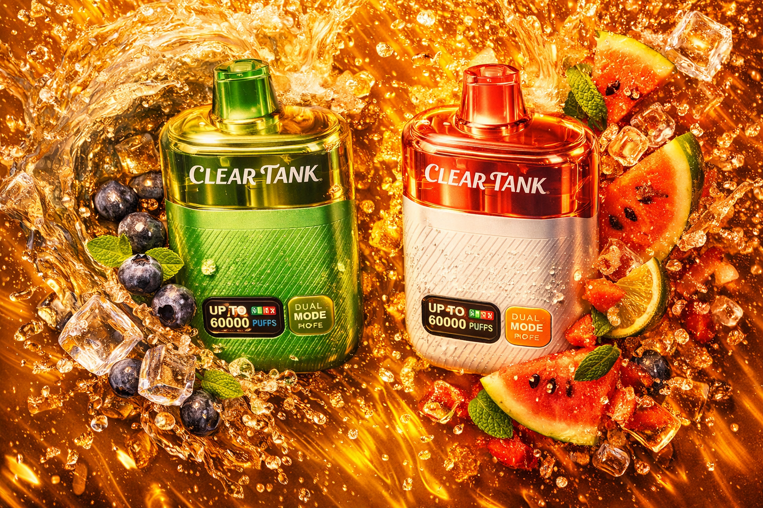 Two metallic vape devices labeled “CLEAR TANK” stand side by side amid a vivid splash of golden liquid and fruit. The green device is surrounded by blueberries, mint leaves, and ice cubes, while the red and silver one is framed by watermelon slices, lime wedges, and mint. Both feature sleek designs with digital labels reading “UP TO 60000 PUFFS” and “DUAL MODE.” The composition radiates freshness, energy, and luxury through its dynamic motion and warm golden tones.