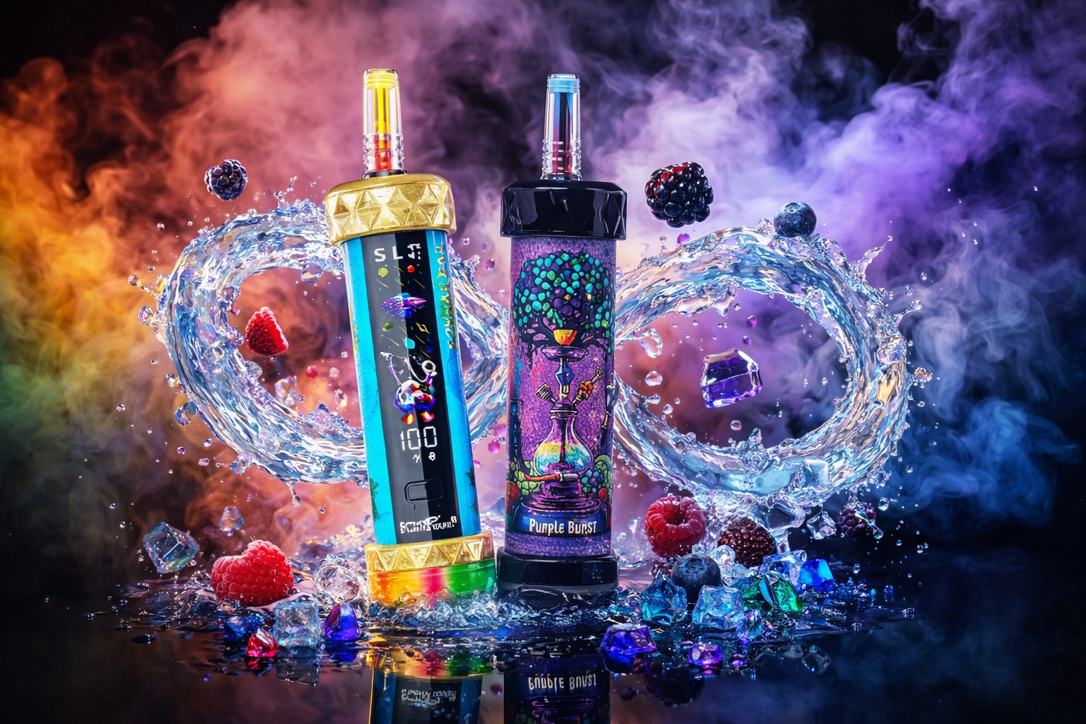 Two colorful vape devices stand upright amid a vivid swirl of mist, water, and fruit. The left device, metallic blue with a gold geometric top, displays digital graphics and the text “Sour Rainbow,” while the right one, purple with a black top, features an artistic tree and hookah illustration labeled “Purple Burst.” Around them, water rings, ice cubes, raspberries, blackberries, and blueberries create a dynamic, energetic composition. The background glows with multicolored vapor, blending orange, purple, and blue tones for a bold, luxurious look.