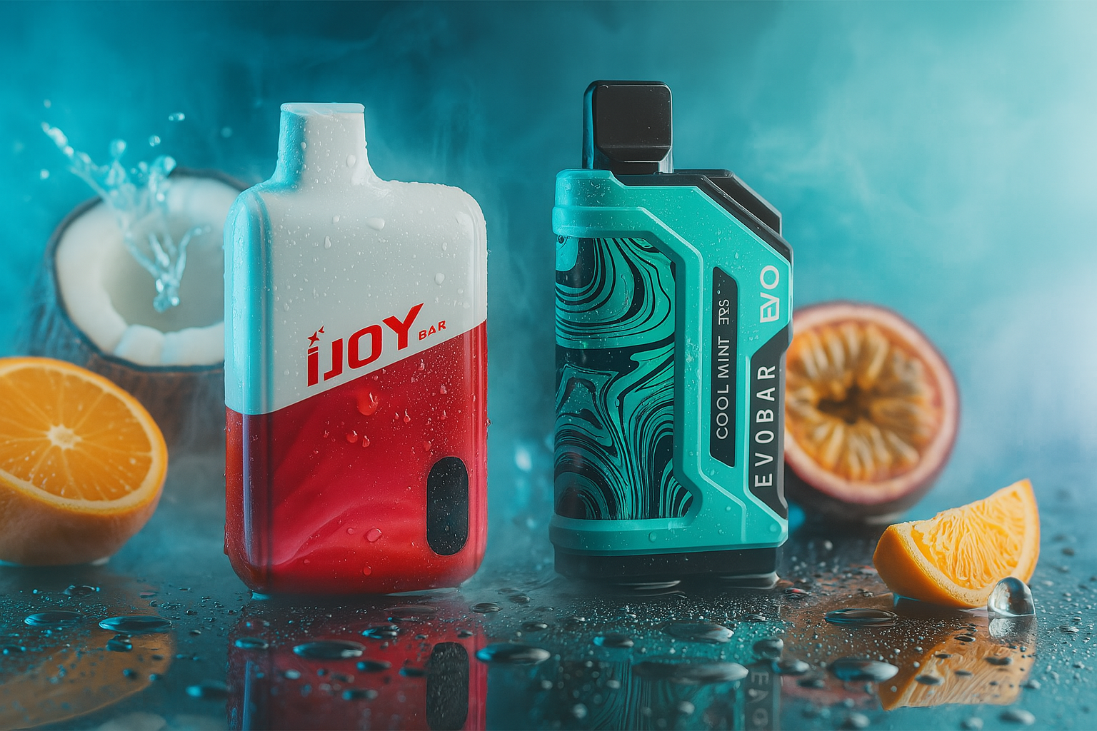 The image features two vibrant vape devices placed on a wet surface with scattered water droplets, surrounded by fresh tropical fruits including a halved coconut, sliced oranges, and a halved passion fruit. The left device, 