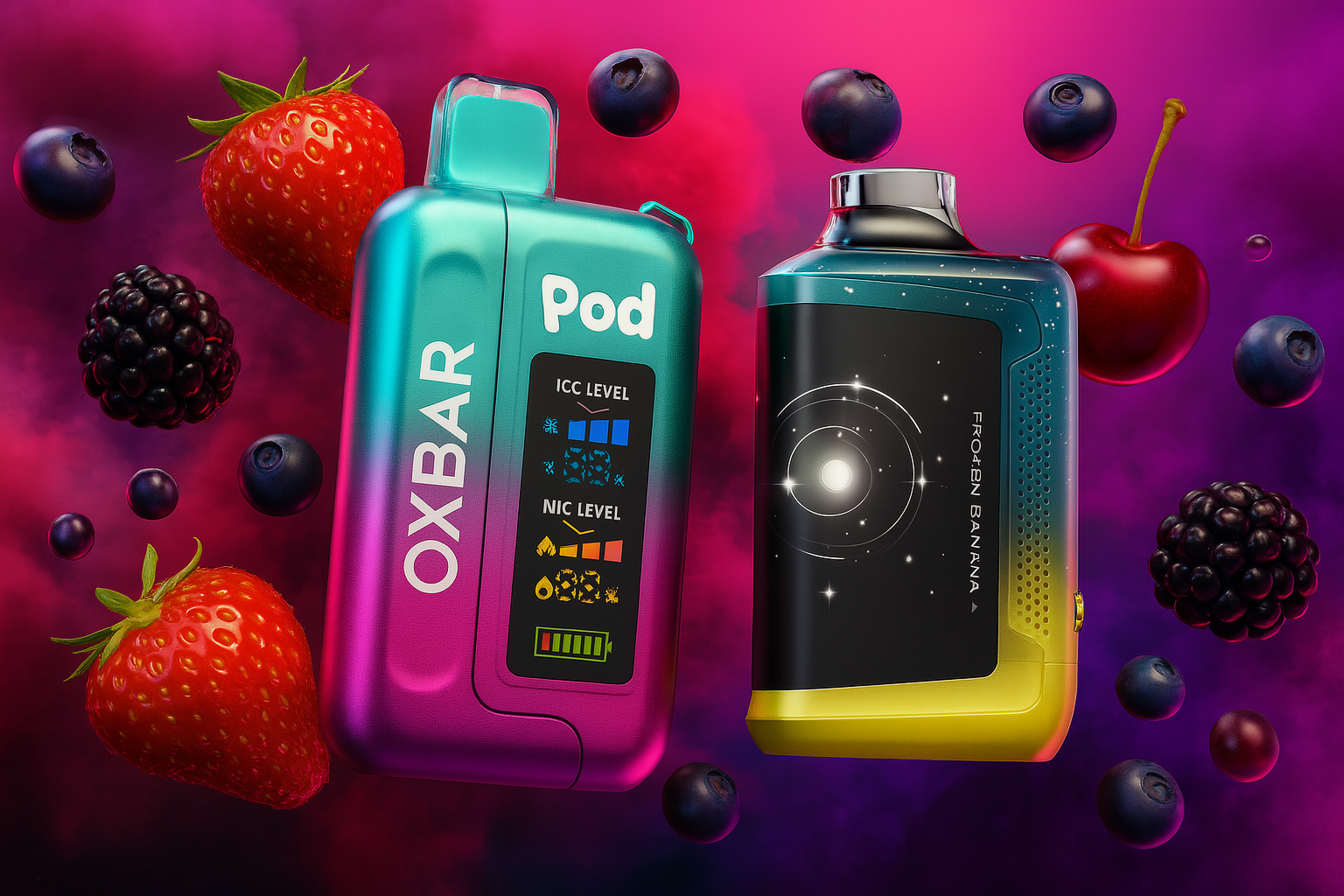 The image showcases two vibrant vape devices set against a dynamic background of pink and purple hues, surrounded by fresh fruits including strawberries, blueberries, blackberries, and a cherry. The left device, labeled “OXBAR Pod,” features a metallic gradient from teal to magenta and displays graphical indicators for “ICC LEVEL” and “NIC LEVEL.” The right device, branded “FROZEN PLANET,” has a sleek black and yellow gradient design with a circular graphic resembling a radar or digital interface. The composition blends fruity freshness with futuristic aesthetics, evoking a sense of bold flavor and high-tech allure.