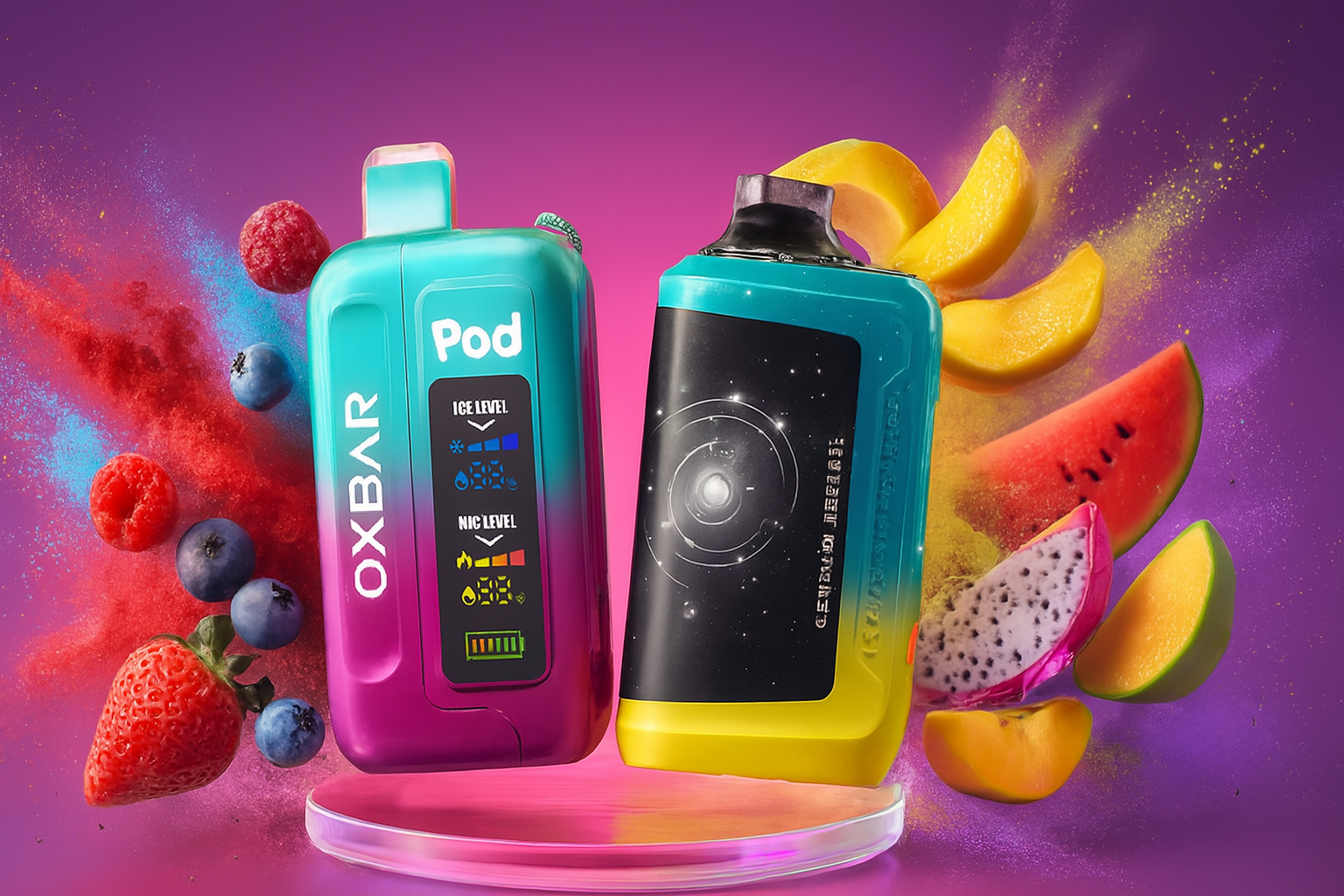 The image showcases two vibrant vape devices labeled 
