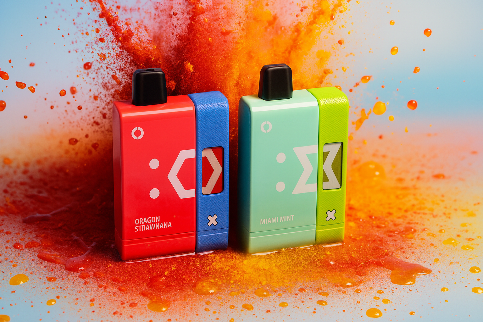 Two vapes, one red and blue and the other mint green and lime green, sit on a surface splattered with colored liquid and powder, with an explosion of powder in the background.