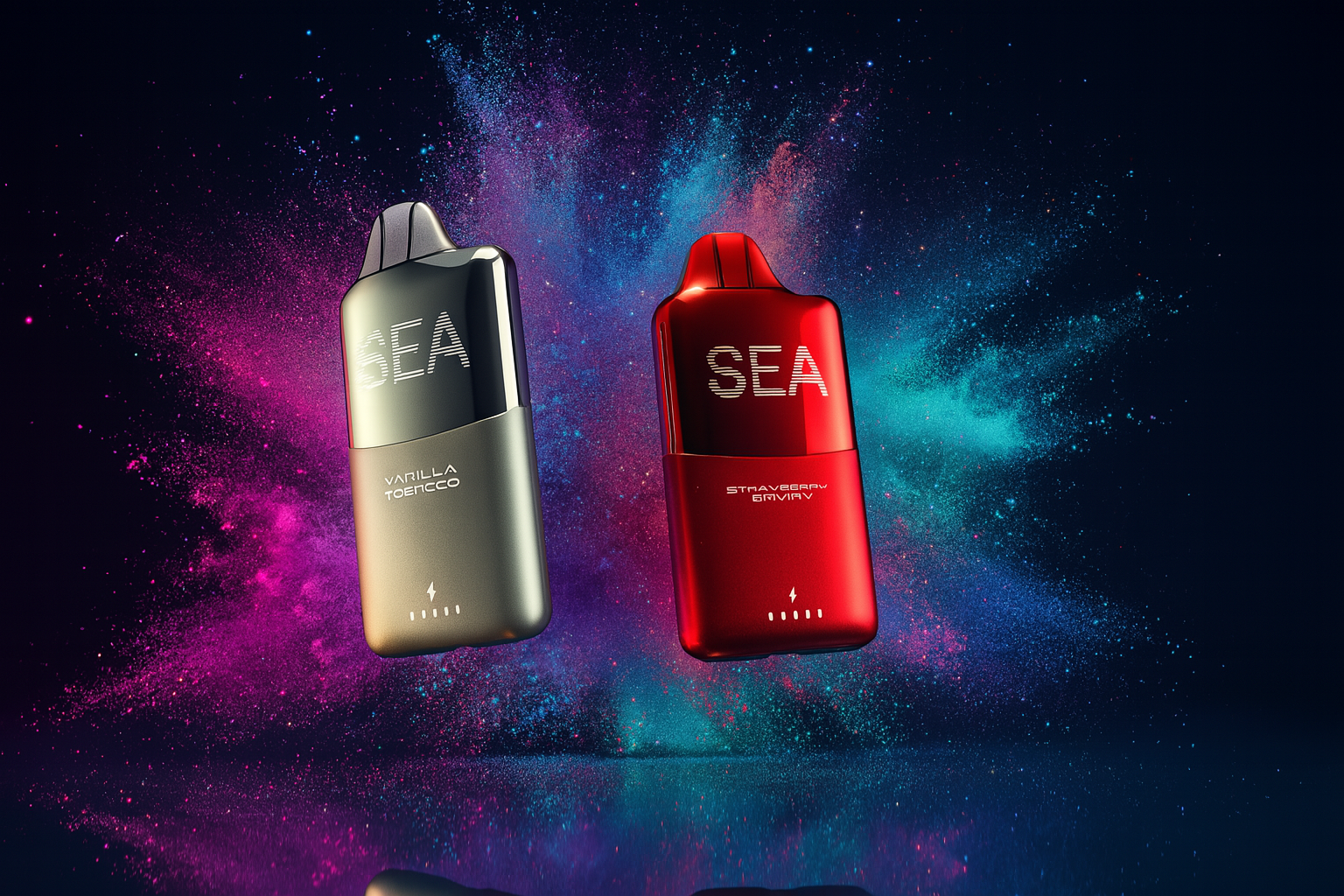 Two floating 'SEA' vapes, one grey and one red, are against a dark background with an explosive burst of pink, blue, and purple powder.