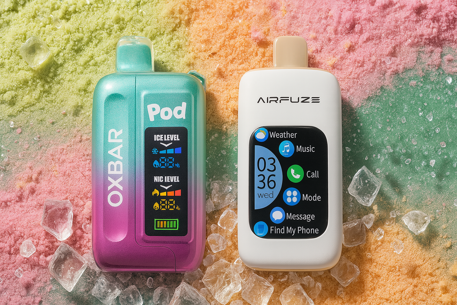 The image features two sleek, futuristic vape devices resting on a textured surface scattered with crushed ice and vibrant powdered pigments in green, yellow, and pink. The left device, labeled 