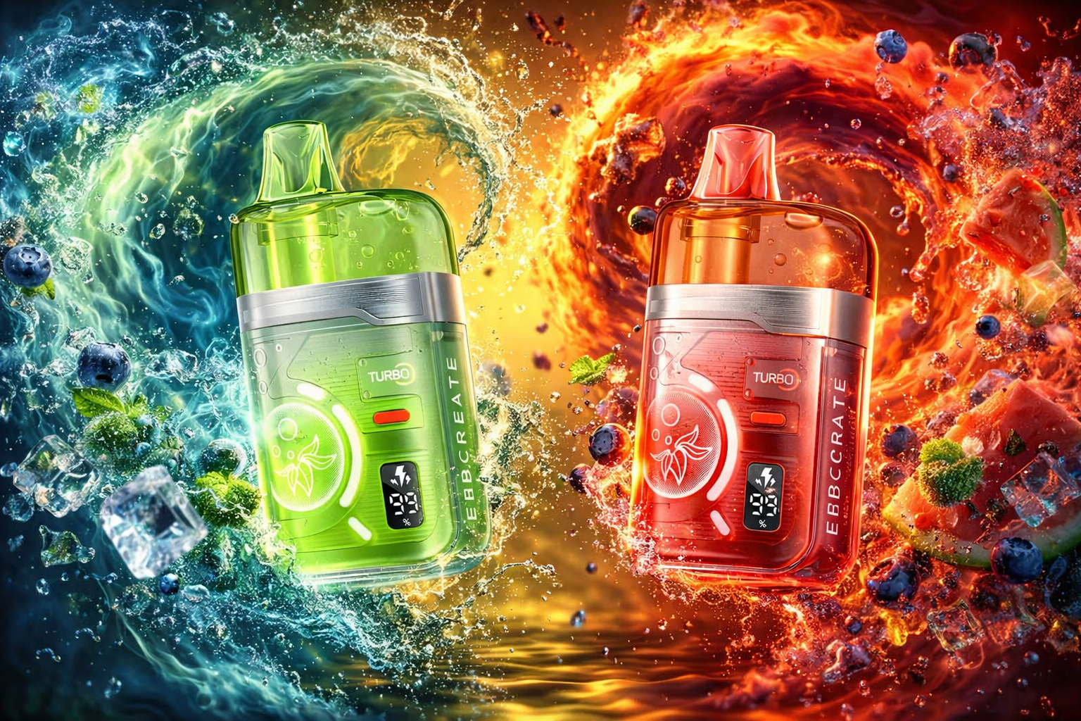 Two futuristic vape devices labeled “EBBCCREATE TURBO” stand side by side against a dynamic backdrop of swirling water and fire. The left device, in bright green, is surrounded by cool blue waves, ice cubes, blueberries, and mint leaves, evoking freshness and energy. The right device, in vivid red-orange, is enveloped in fiery swirls with watermelon pieces, blueberries, and mint, symbolizing warmth and intensity. The composition contrasts cool and hot elements, creating a visually striking, high-tech aesthetic that highlights flavor and power.