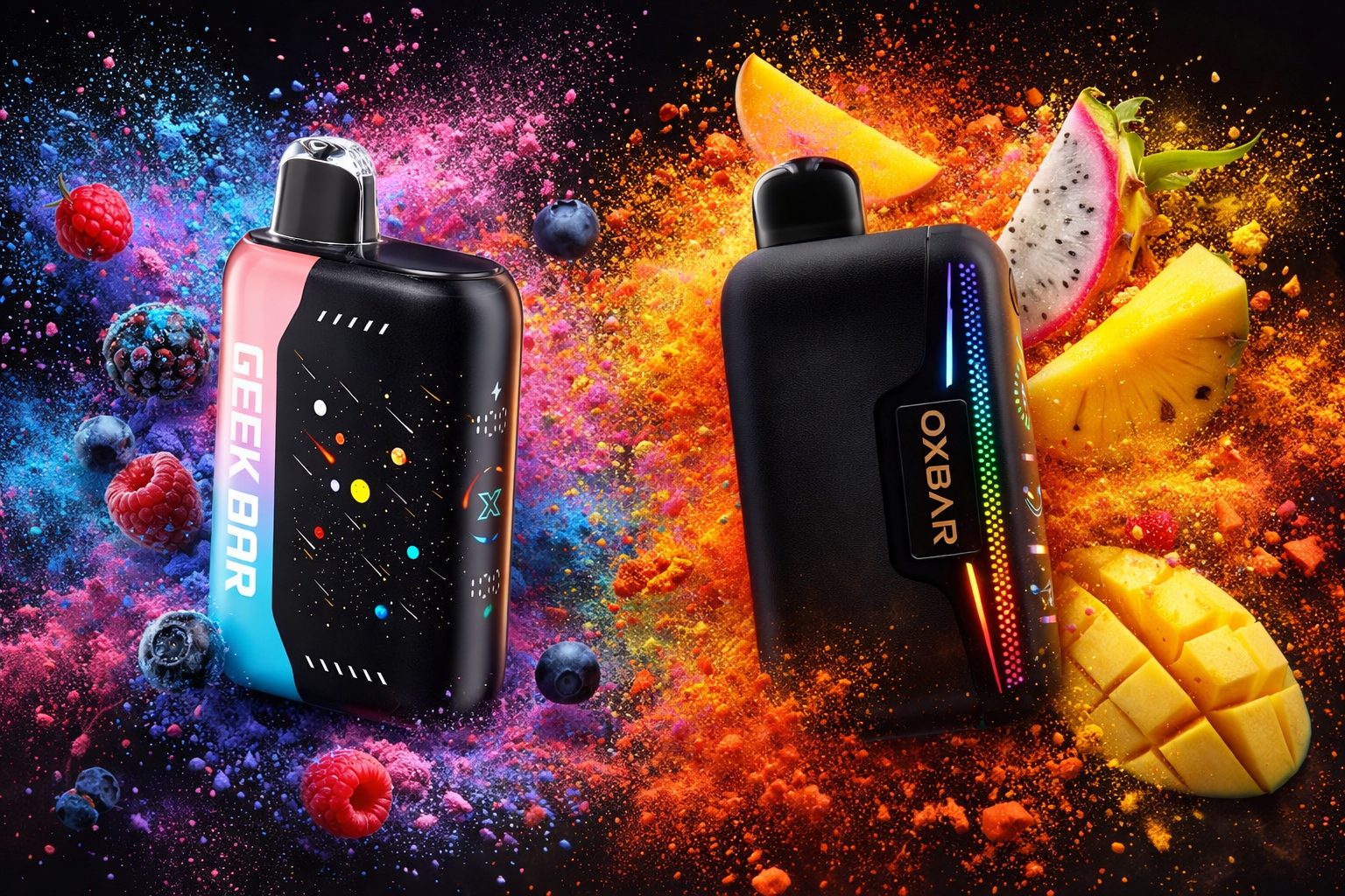 The photo shows two sleek vape devices surrounded by vibrant fruit and powder explosions. On the left, the “GEEK BAR” features a cosmic design with raspberries, blueberries, and bursts of pink and blue. On the right, the “OXBAR” glows with a rainbow LED strip, highlighted by mango, pineapple, dragon fruit, and bright orange-yellow powder.