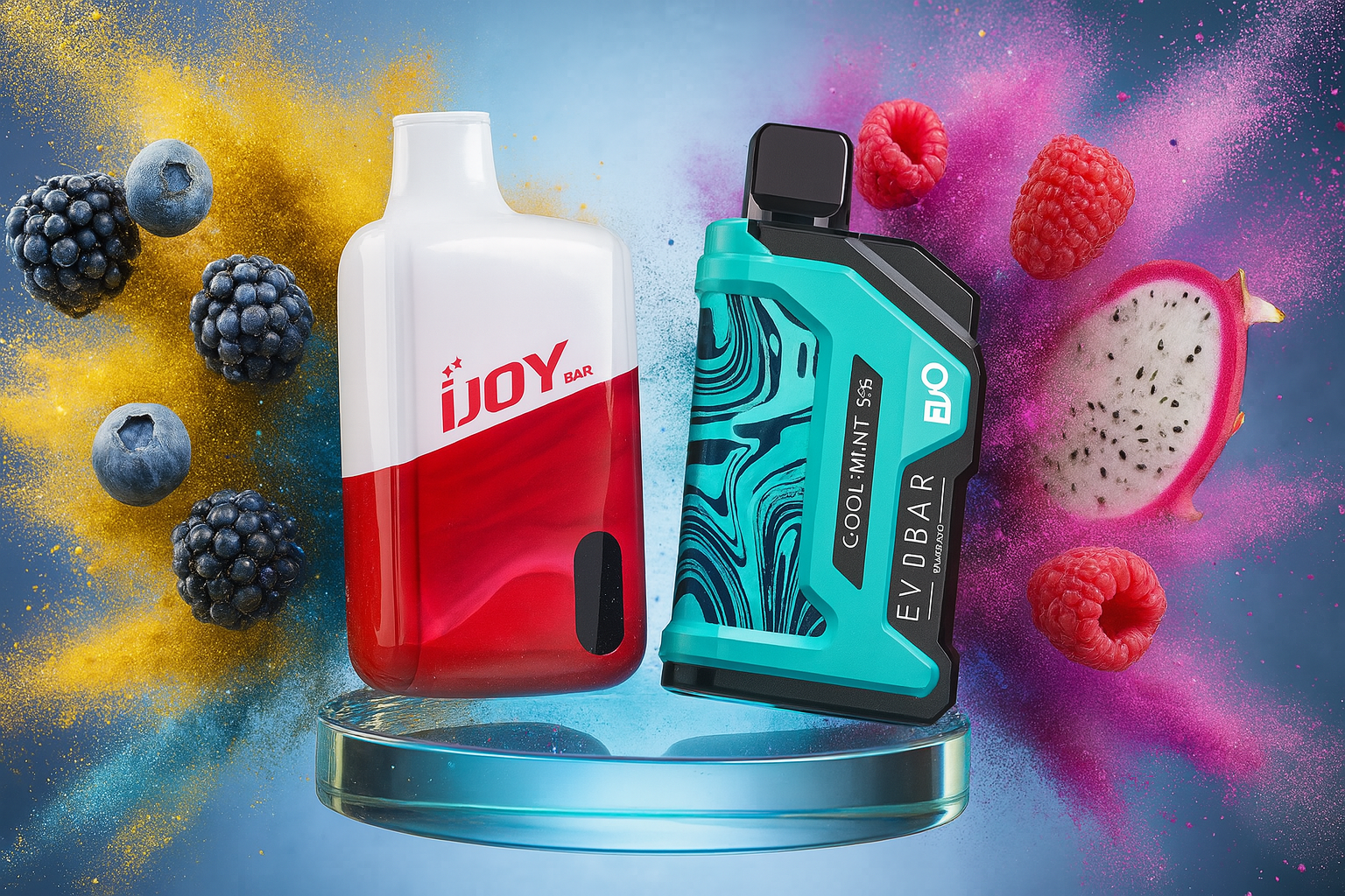 The image presents two eye-catching vape devices displayed on a transparent circular platform, set against a vivid backdrop of colorful powder bursts in yellow, blue, and pink. The left device, labeled 