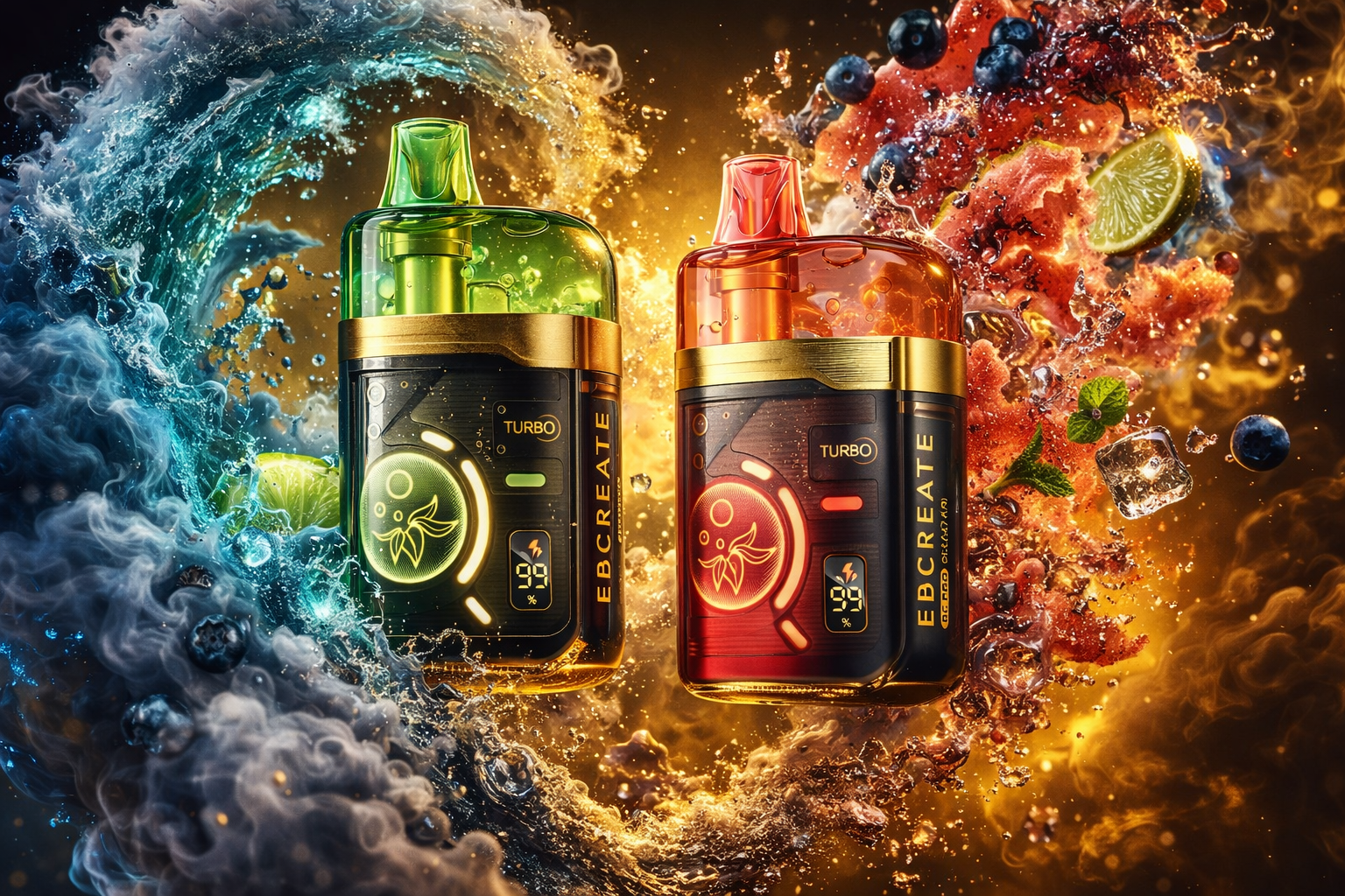 Two modern vape devices labeled “EB CREATE TURBO” stand side by side amid a vivid swirl of color and motion. The left device, glowing green with gold accents, is surrounded by cool blue waves, lime slices, and bubbles, evoking freshness and energy. The right device, glowing red-orange, is enveloped in fiery liquid splashes with watermelon pieces, blueberries, mint leaves, and ice cubes, symbolizing warmth and intensity. The composition contrasts cool and hot tones, creating a dynamic, luxurious visual that highlights flavor and power.
