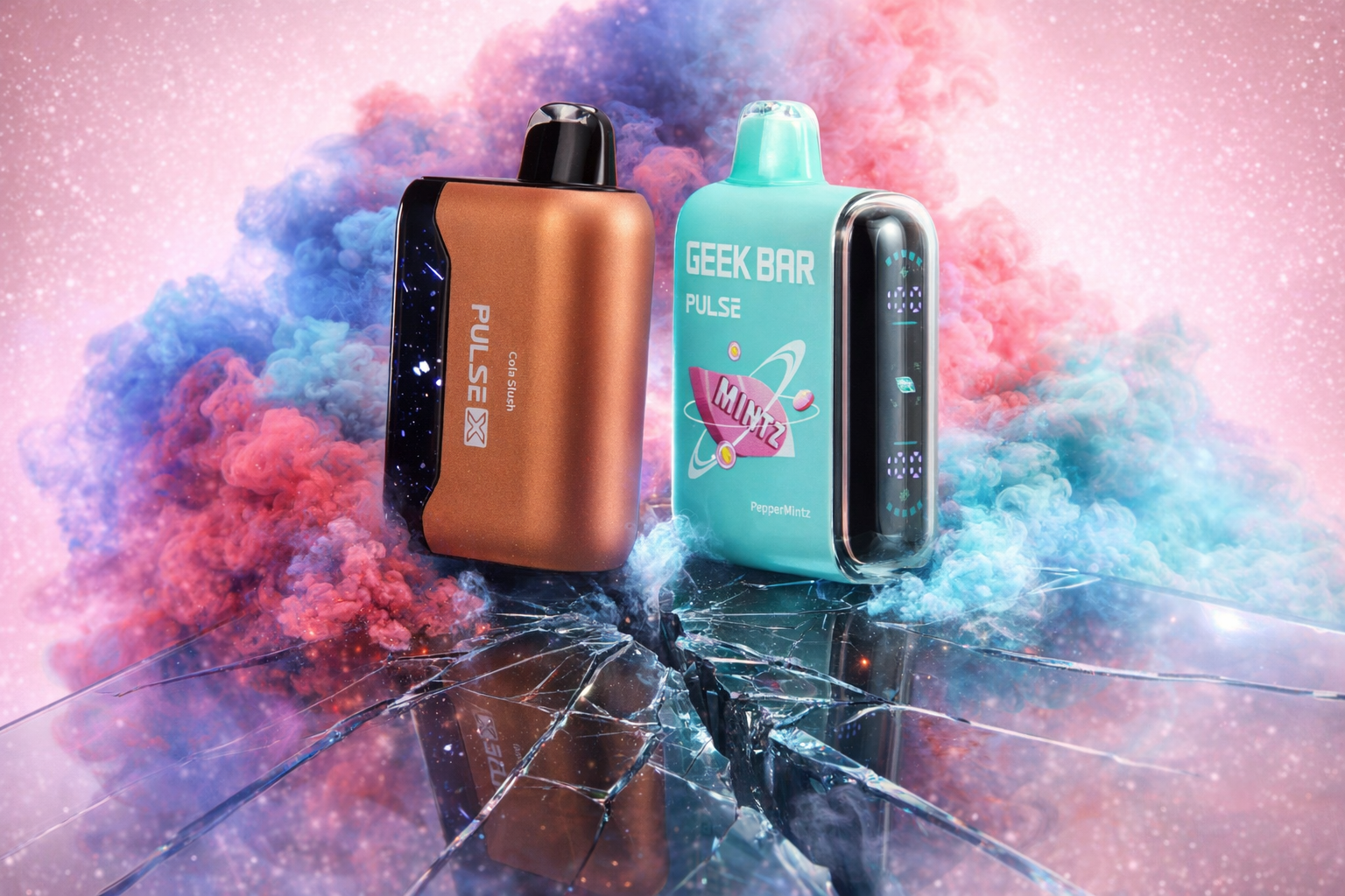 The photo shows two vape devices standing upright on a cracked glass surface with colorful smoke swirling in the background. The copper-colored device on the left is labeled 