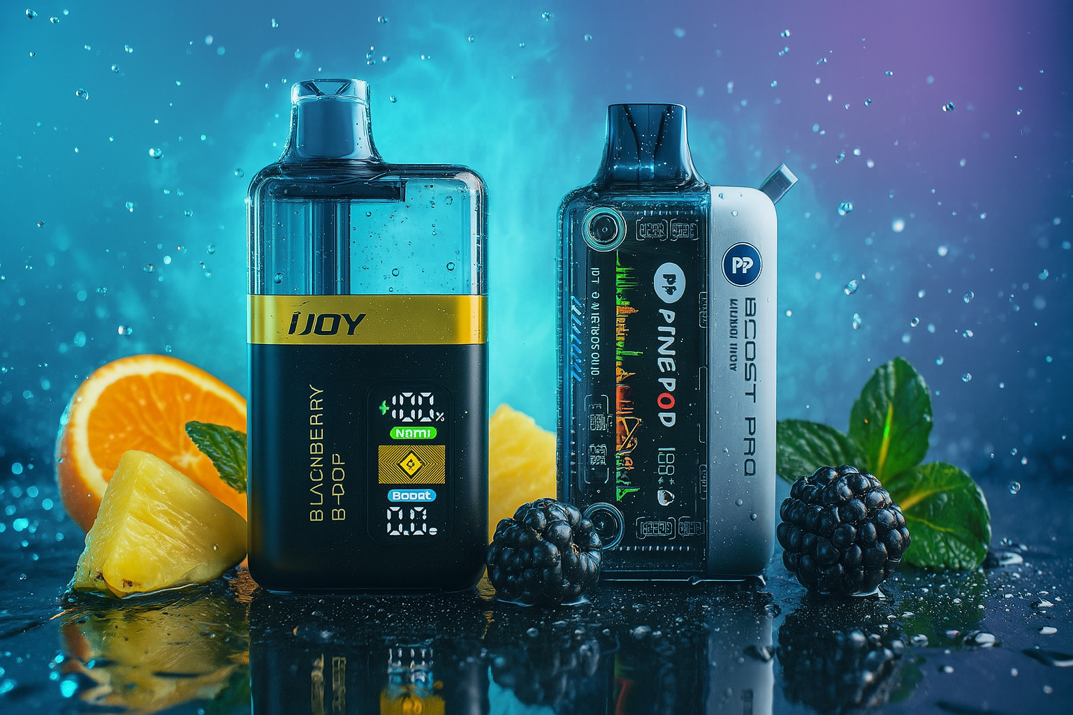 The image features two sleek vape devices standing upright on a reflective surface dotted with water droplets, set against a vibrant gradient of blue and purple. The left device, labeled 