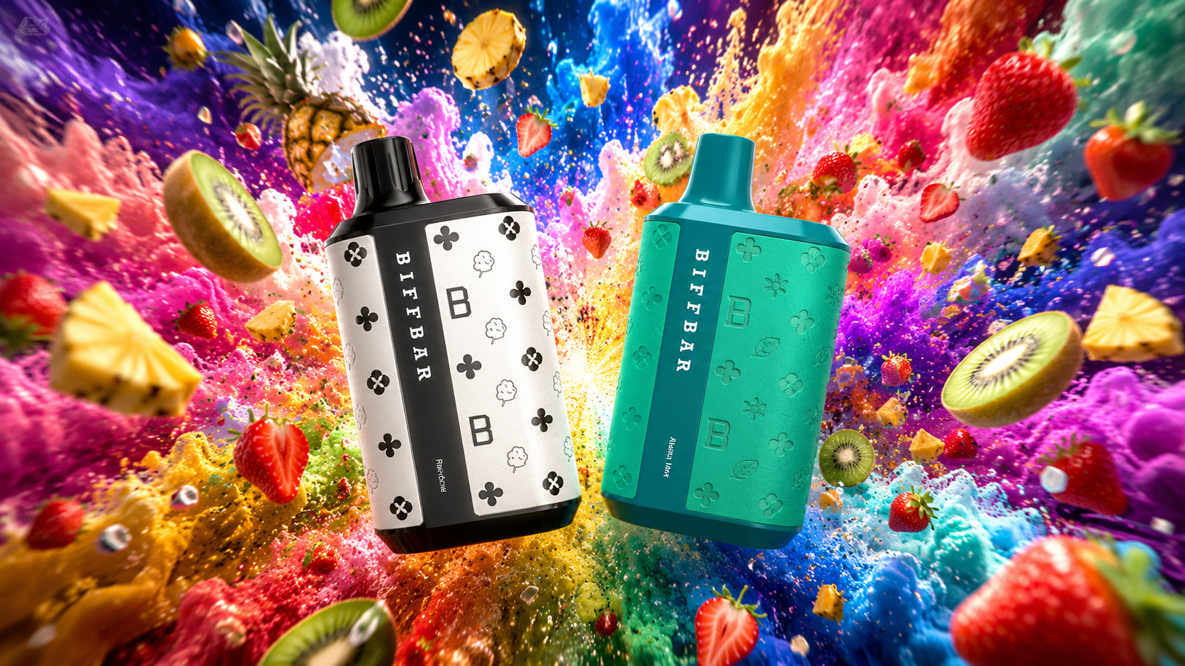 Two colorful vape devices labeled “BIFFBAR” are displayed against a vibrant explosion of fruit and liquid splashes. The white device reads “Ripe Niche,” while the turquoise one shows “Always Winner,” both surrounded by strawberries, kiwis, pineapples, and tropical slices. The dynamic multicolored background of pink, purple, blue, orange, and yellow emphasizes fruity flavors and bold, energetic design.