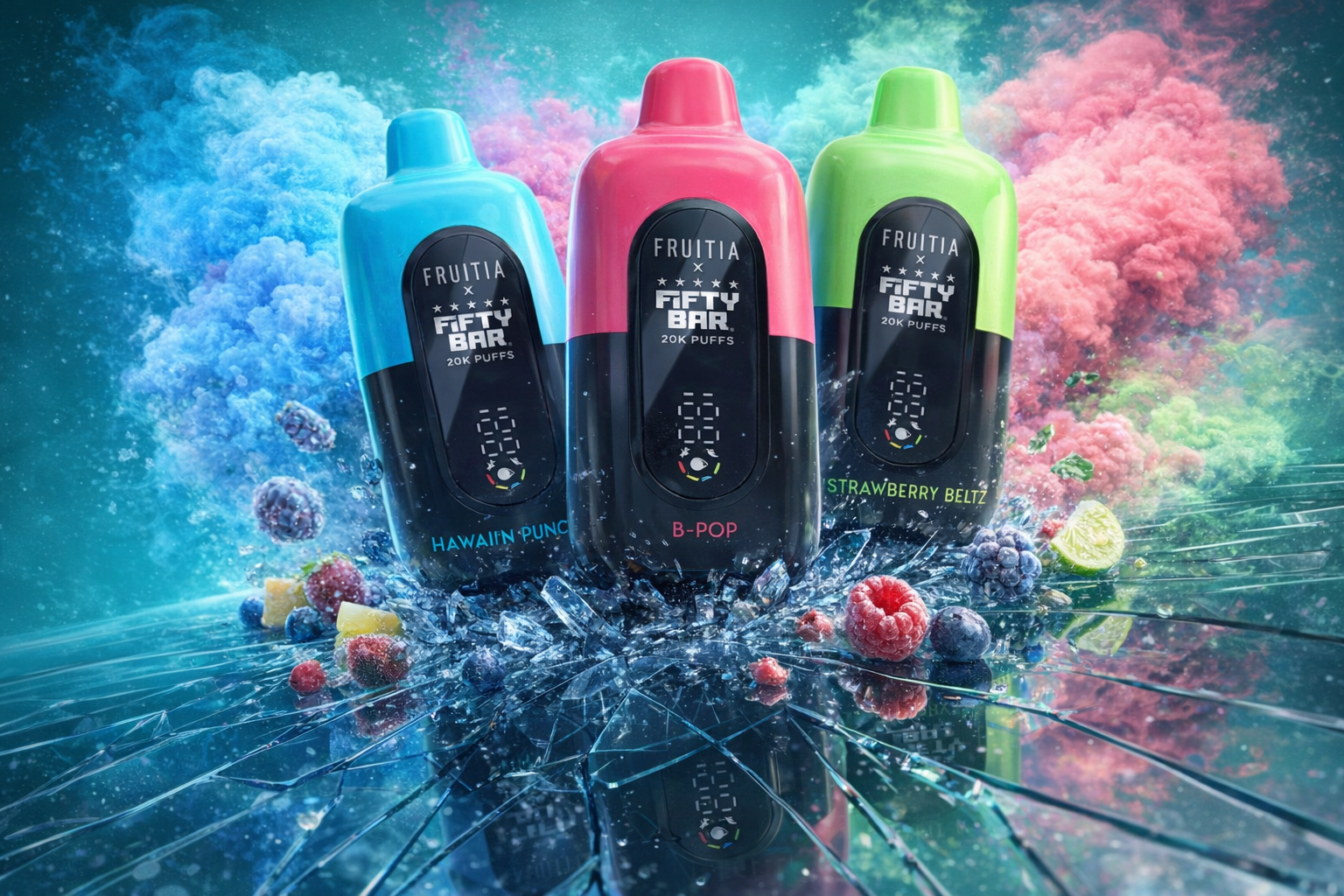 Three colorful Fifty Bar disposable vapes in blue, pink, and green stand in a row on a cracked, reflective glass surface. They are framed by an explosion of vibrant blue and pink smoke clouds, scattered ice shards, and fresh berries like raspberries and blueberries. The flavor names 