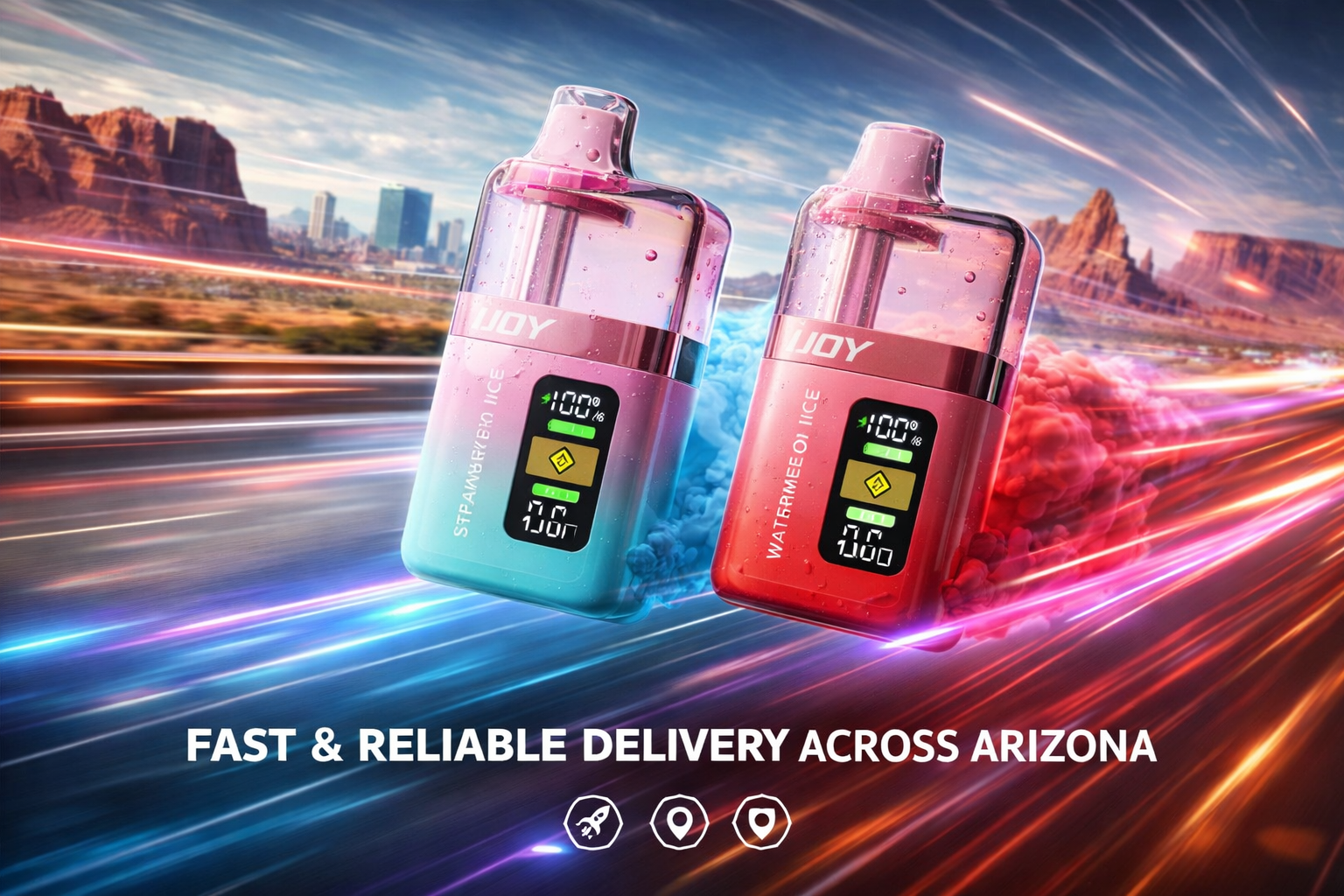 Two colorful iJOY disposable vapes in Strawberry Ice and Watermelon Ice flavors speed across an Arizona desert landscape, leaving vibrant blue and red smoke trails behind them. The devices feature realistic water droplets and illuminated digital screens, creating a premium, high-tech advertising appearance with a sense of motion and energy. Bold promotional text highlights fast and reliable delivery across Arizona, reinforced by icons representing speed, location coverage, and secure service.