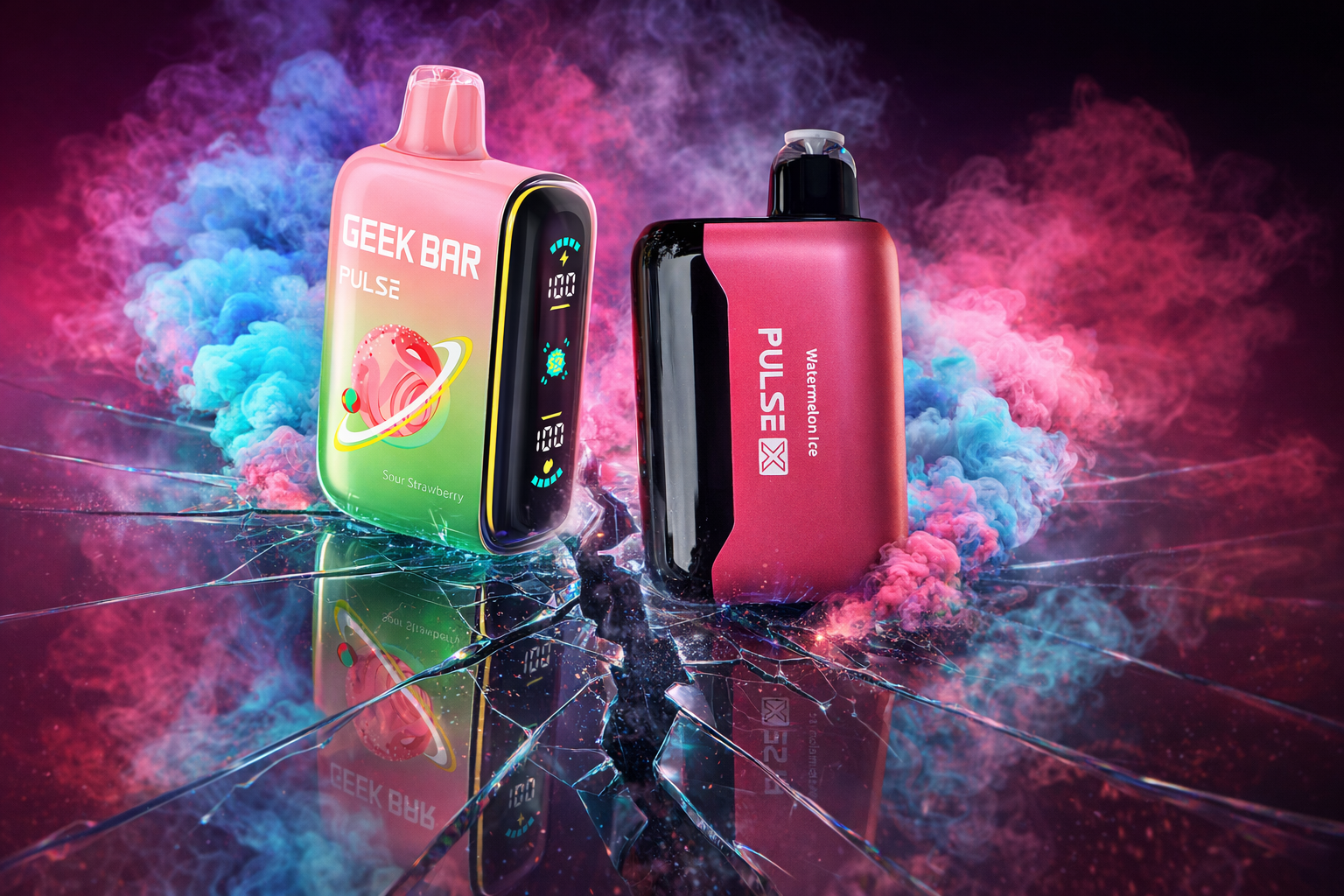 The photo features two colorful vape devices standing upright on a cracked glass surface, surrounded by swirling clouds of pink, blue, and purple smoke. On the left is the “GEEK BAR PULSE” in the flavor “Sour Strawberry,” decorated with a pink planet design and a digital display showing “100.” On the right is the sleek “PULSE X” in red and black, labeled with the flavor “Watermelon Ice.” The dramatic smoky backdrop enhances the bold, eye-catching presentation, making the scene visually striking and ideal for promotional use.