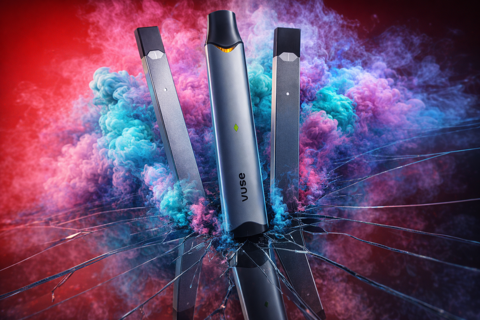Three sleek, metallic vape devices—a central Vuse pod and two slim, rectangular models—emerge from a shattered mirror surface that creates long, web-like cracks. A massive, swirling explosion of vibrant blue and pink smoke billows behind them, contrasting sharply against a deep red background. The scene is highly cinematic, featuring clear inverted reflections of the devices and the colorful haze in the fractured glass below.