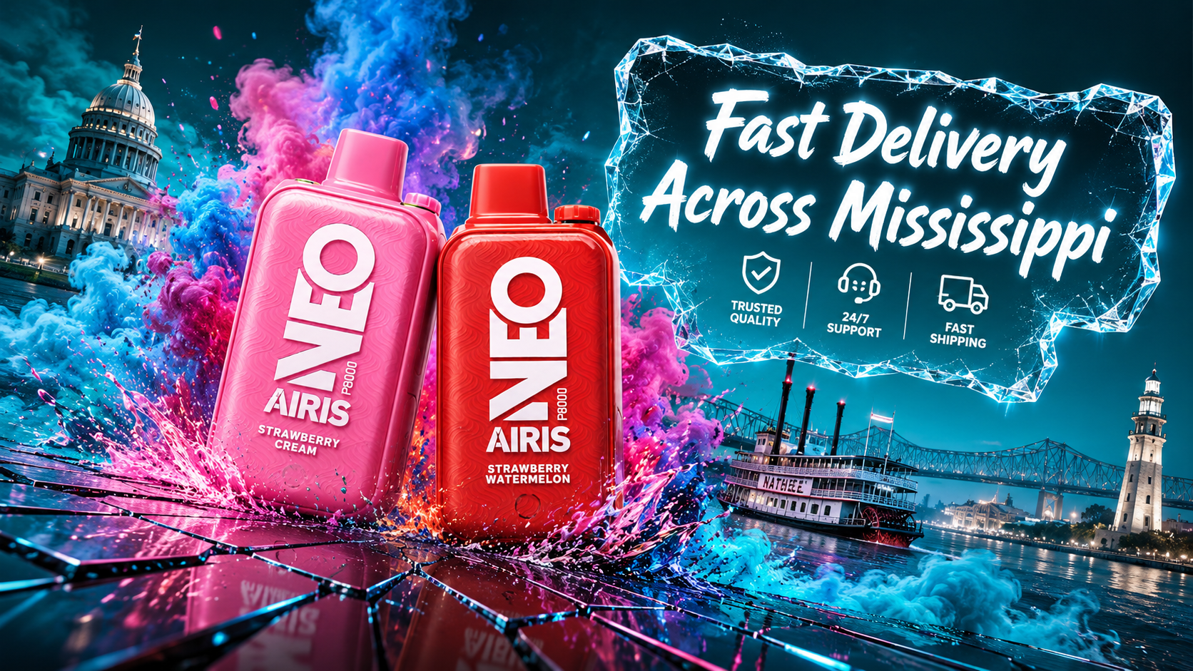 Two AIRIS disposable vapes in Strawberry Cream and Strawberry Watermelon flavors stand on a cracked mirrored glass surface surrounded by vibrant clouds of blue, pink, purple, and turquoise smoke. The dramatic low-angle perspective and shattered reflections create the impression that the powerful devices are breaking through the glass beneath them. Mississippi landmarks, an icy “Fast Delivery Across Mississippi” sign, and premium service icons complete the energetic promotional banner.
