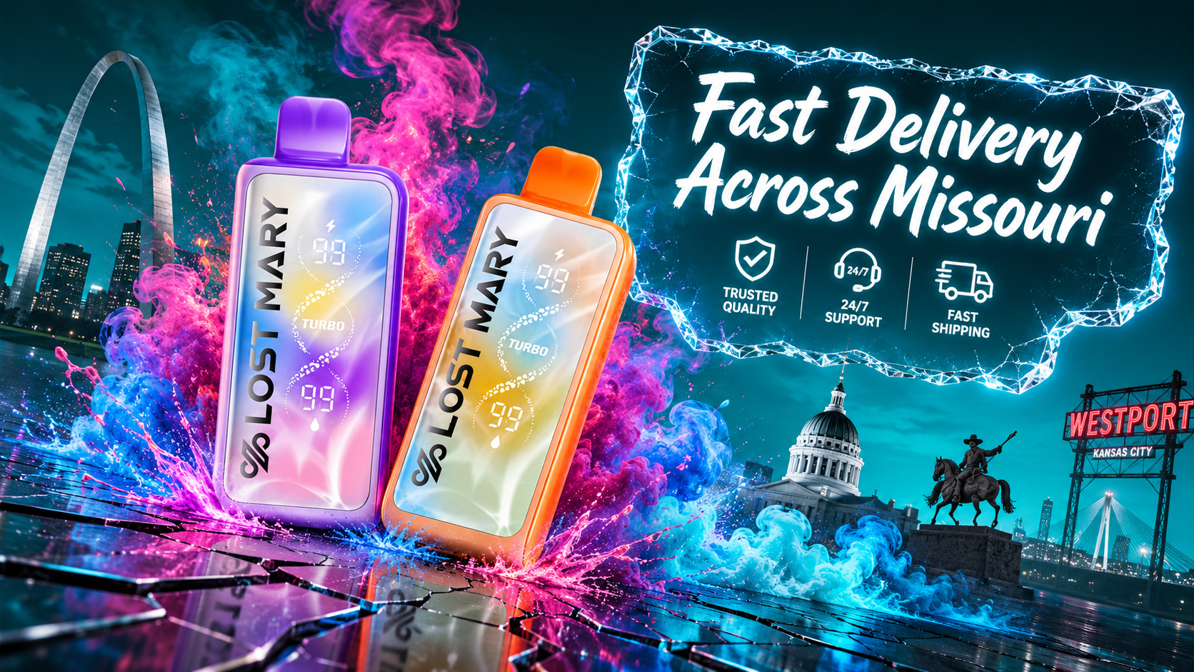 Two Lost Mary Turbo disposable vapes stand on a shattered mirrored glass surface surrounded by vivid clouds of blue, pink, purple, and turquoise smoke. The dramatic low-angle perspective and cracked reflections create the impression that the powerful devices are breaking through the glass beneath them. Missouri landmarks, an icy “Fast Delivery Across Missouri” sign, and premium service icons complete the energetic promotional banner.