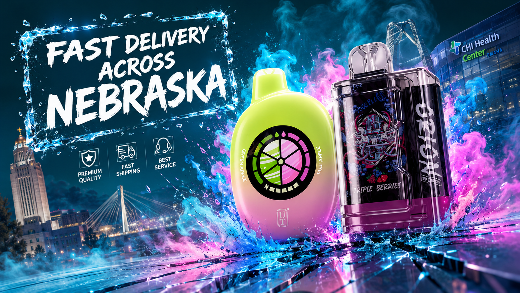 A dynamic promotional banner featuring two colorful disposable vapes standing on a cracked mirrored glass surface, surrounded by vibrant clouds of blue, turquoise, pink, and purple smoke. The products are displayed from a dramatic low-angle perspective with reflections, shattered glass effects, and iconic Nebraska landmarks illuminated in the background. An icy-framed “Fast Delivery Across Nebraska” headline and premium service icons complete the bold, futuristic design.