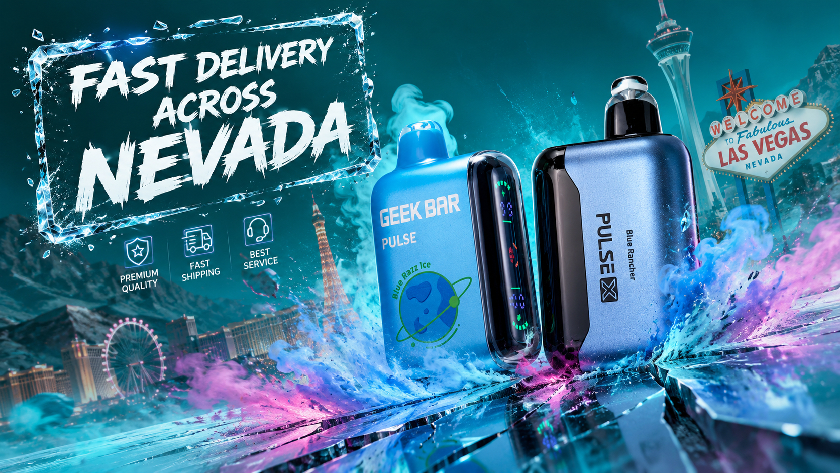 A dramatic promotional banner featuring Geek Bar Pulse and Pulse X disposable vapes standing on a cracked mirrored glass surface, surrounded by vibrant blue, turquoise, pink, and cyan smoke explosions. The devices are showcased from a dynamic low-angle perspective against a Nevada-inspired skyline, with iconic Las Vegas landmarks visible in the background. An icy-framed “Fast Delivery Across Nevada” headline and service icons complete the powerful futuristic composition.