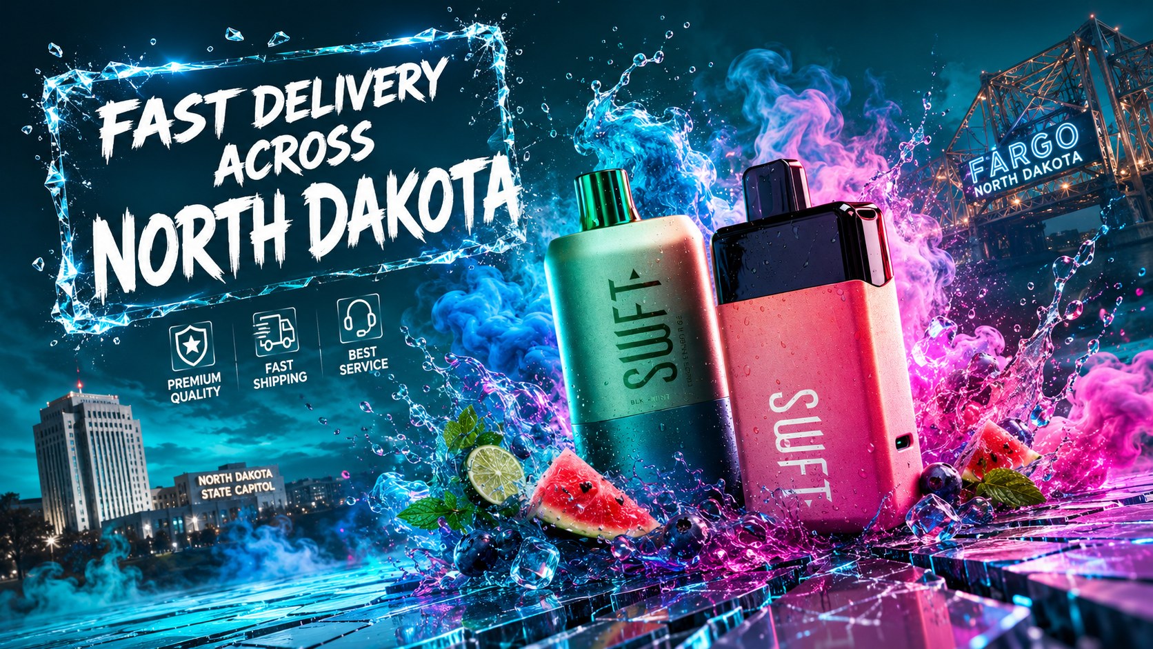 A vibrant promotional banner featuring two SWFT disposable vapes positioned on a cracked mirrored glass surface, surrounded by explosive blue, pink, turquoise, and purple smoke effects. The products are showcased from a dramatic low-angle perspective with water splashes, floating ice cubes, fresh fruit accents, and reflections that create a powerful sense of motion and depth. Iconic North Dakota landmarks, an icy-framed “Fast Delivery Across North Dakota” headline, and premium service icons complete the futuristic advertising scene.