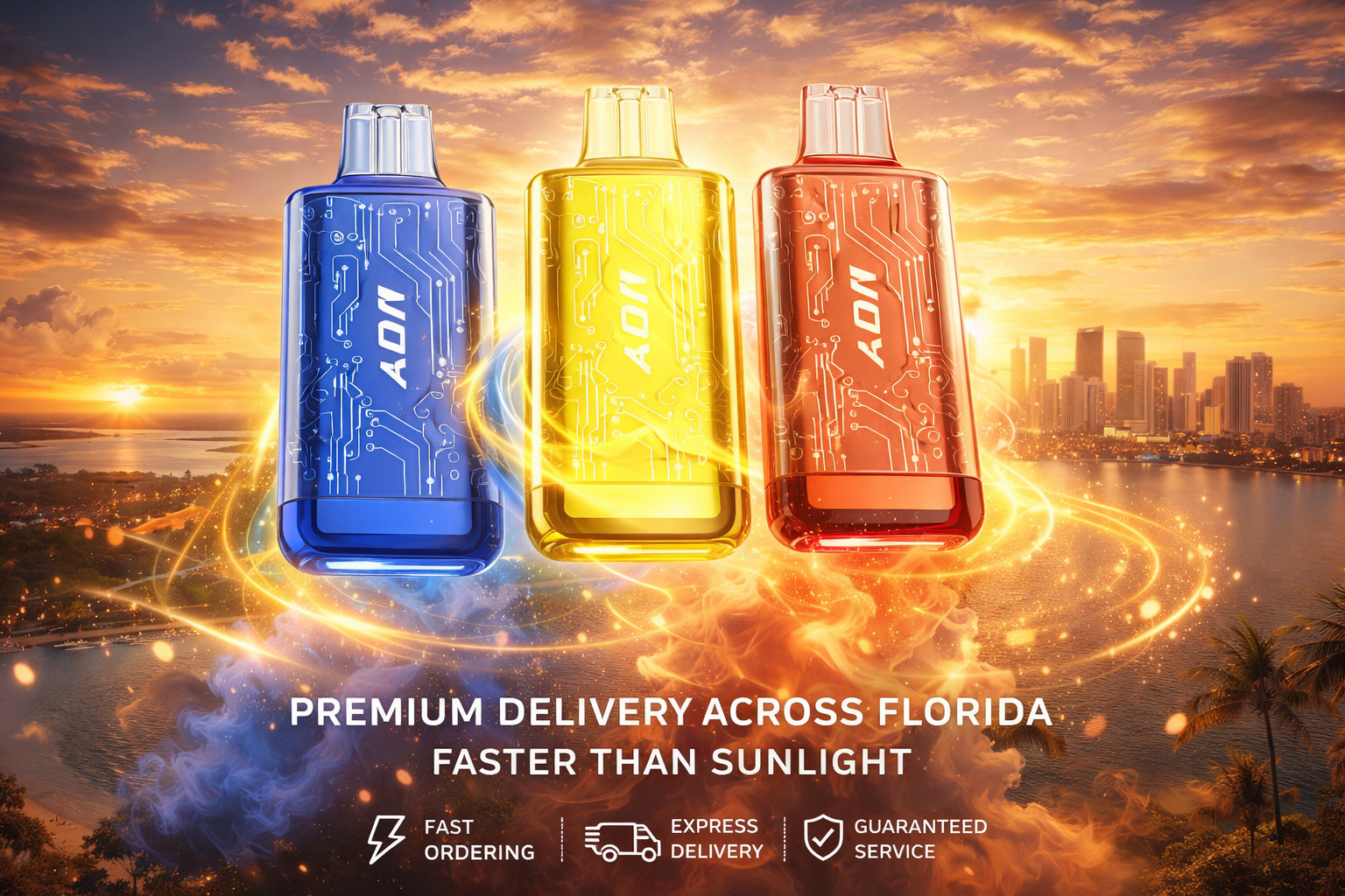 Three colorful disposable vapes in blue, yellow, and red are displayed above a Florida waterfront cityscape at sunset, surrounded by glowing energy rings, smoke effects, and warm golden light. The devices feature a futuristic circuit-pattern design and appear to float in the air, creating a premium, high-tech advertising aesthetic. Bold promotional text highlights premium delivery across Florida, emphasizing fast ordering, express delivery, and guaranteed customer service.