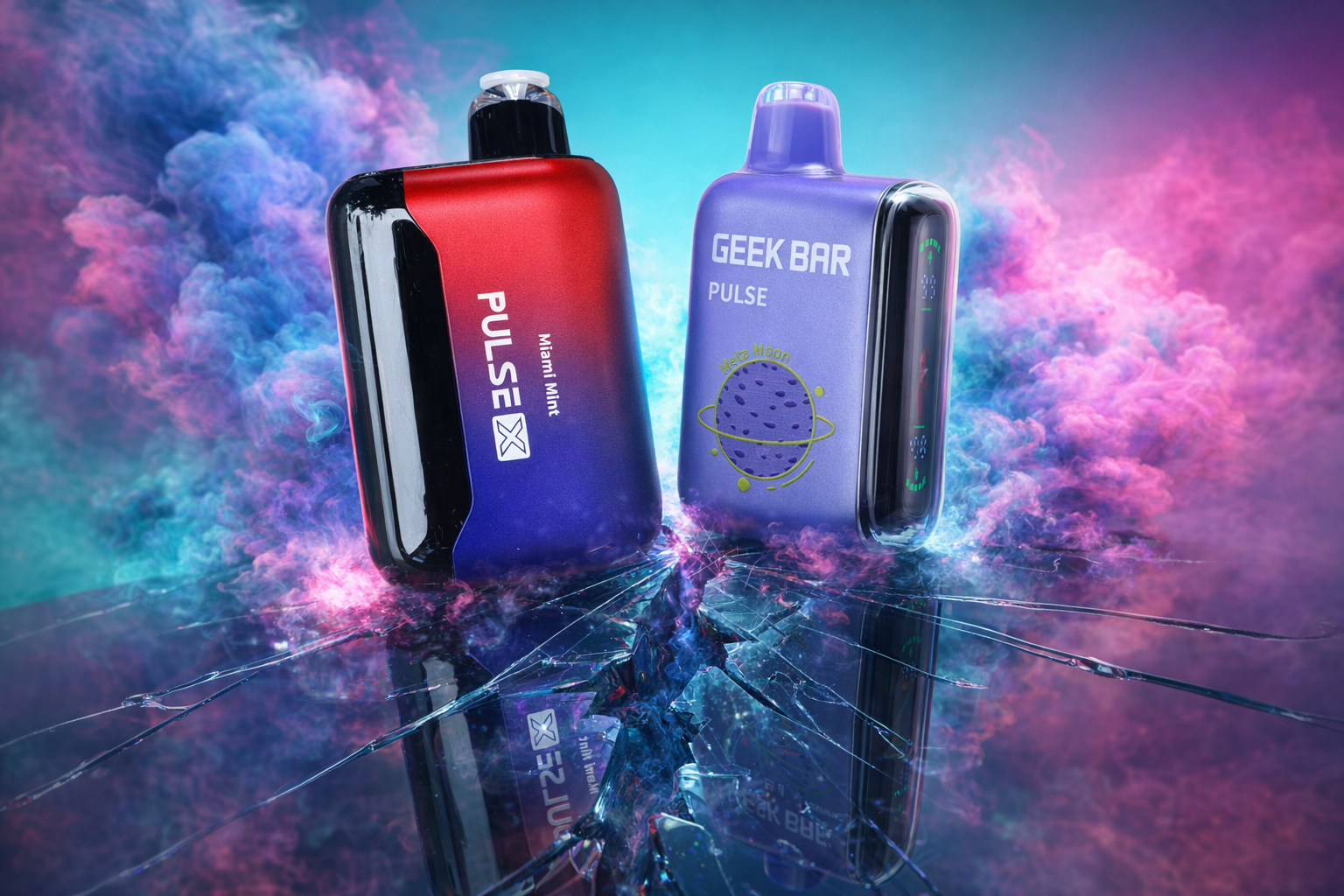 Two sleek Geek Bar disposable vapes, the Pulse X in red and blue and the Pulse in purple, stand together on a cracked, reflective surface. They are surrounded by vibrant, swirling clouds of blue, pink, and purple smoke that create a high-energy, cinematic atmosphere. The lighting emphasizes the glossy finish of the devices and the detailed digital displays on their sides.