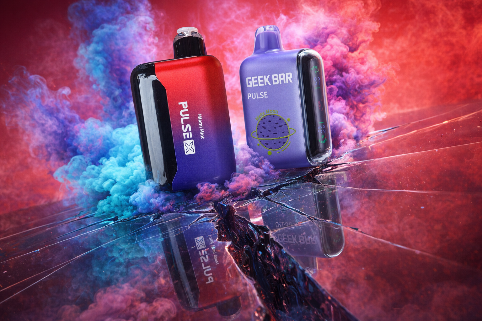A red-to-purple gradient Pulse X and a solid purple Geek Bar Pulse are displayed prominently on a dark, fractured mirror surface. Swirling clouds of electric blue and magenta smoke billow around the devices, set against a fiery red-textured background. The sharp, jagged cracks in the ground create distorted reflections of the colorful vapes and the surrounding atmospheric haze.