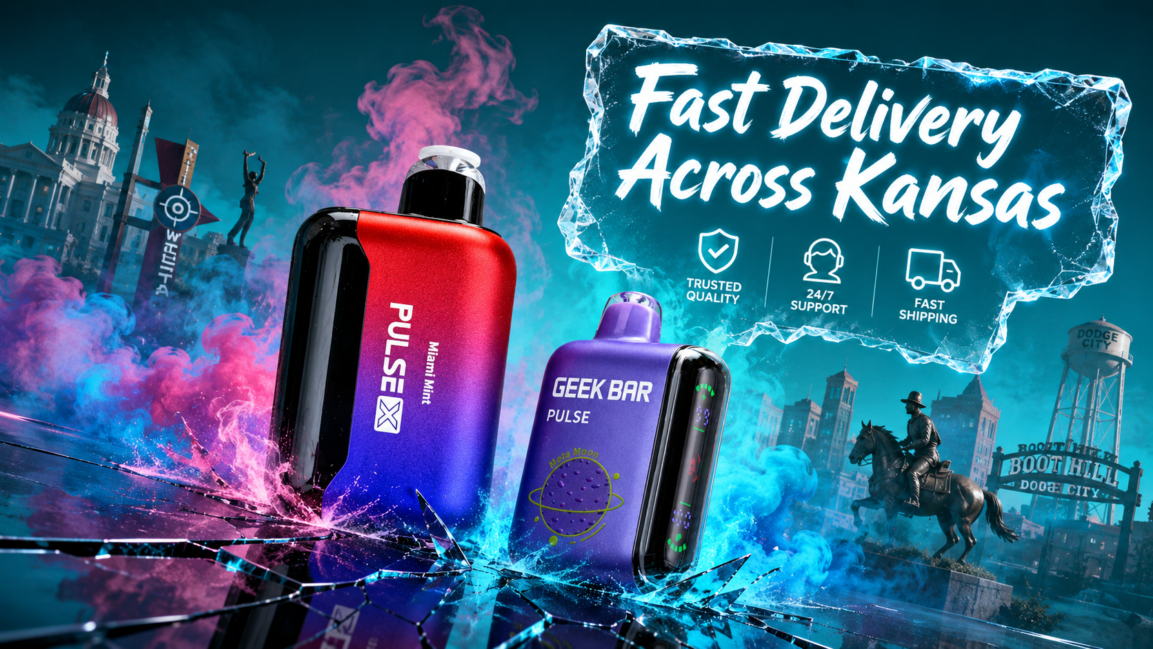 Geek Bar Pulse X Miami Mint and Geek Bar Pulse Meta Moon disposable vapes stand on a cracked mirrored glass surface, surrounded by vibrant blue, pink, turquoise, and cyan smoke explosions. The devices appear powerful enough to shatter the glass beneath them, while iconic Kansas landmarks rise in the turquoise background. An icy-framed “Fast Delivery Across Kansas” sign and service icons complete the dramatic promotional scene.