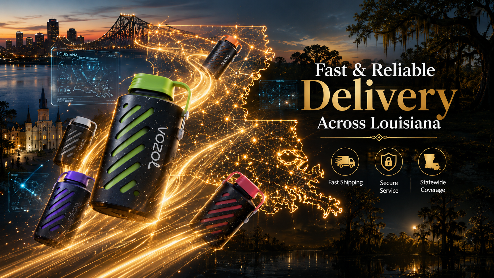 A cinematic promotional image showcases several modern vape devices flying across Louisiana along glowing golden delivery routes that form a luminous map of the state. The background combines iconic Louisiana landmarks, riverfront scenery, bridges, and bayou landscapes illuminated by dramatic evening lighting and futuristic holographic navigation displays. The headline 