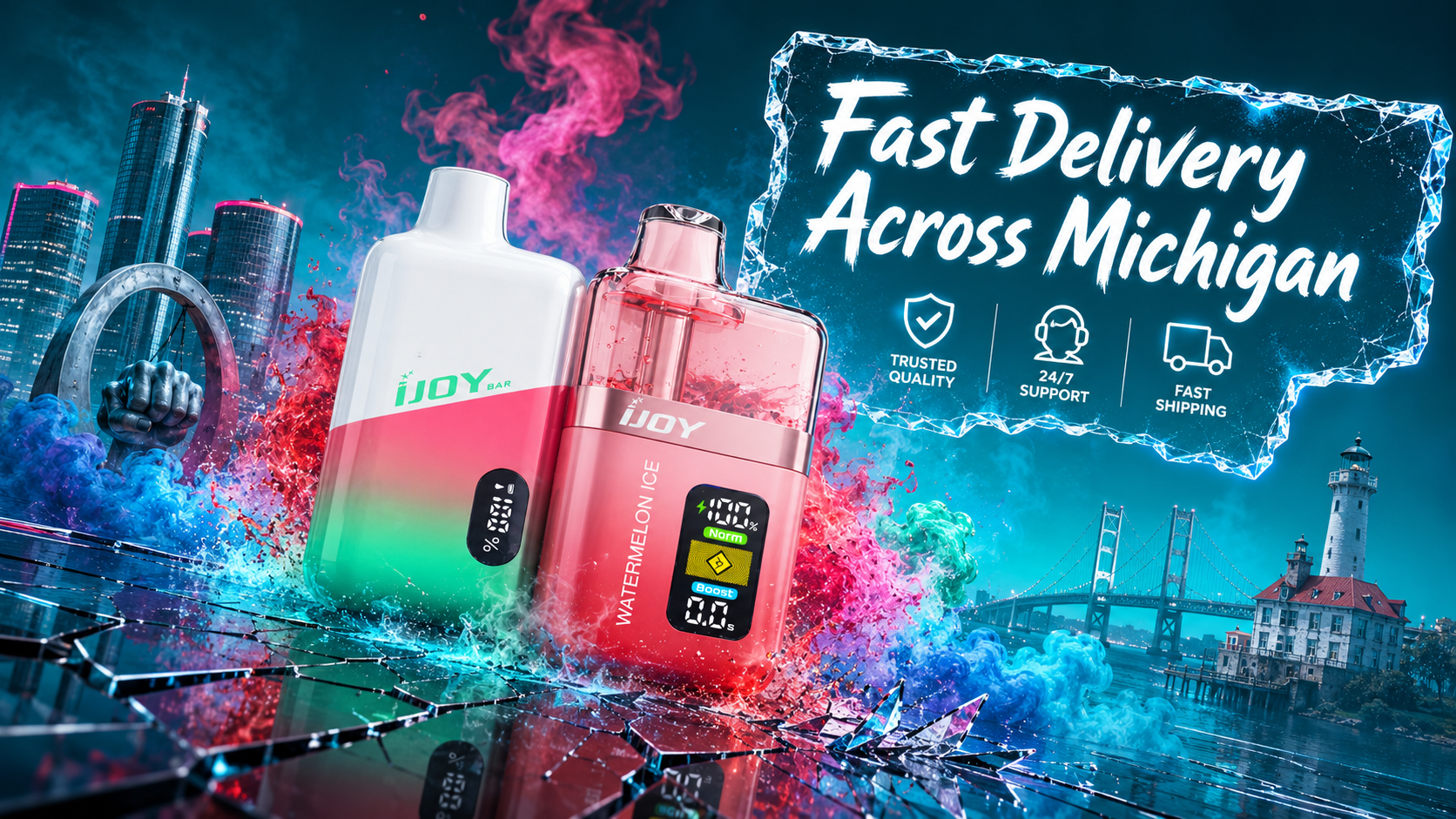 Two IJOY disposable vapes stand on a shattered mirrored glass surface surrounded by explosive clouds of blue, turquoise, pink, and red smoke. The dramatic low-angle perspective highlights the products as cracks spread beneath them, creating a powerful sense of impact. Michigan landmarks, an icy “Fast Delivery Across Michigan” sign, and premium service icons complete the vibrant promotional banner.