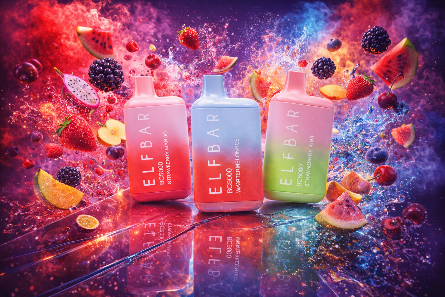 Three ELFBAR BC5000 vape devices in gradient colors are positioned at the center of an energetic splash of juice and various sliced fruits like strawberries, watermelon, and dragon fruit. The products stand on a cracked, reflective purple surface that mirrors the vibrant scene against a background of swirling pink and blue smoke. Each device features white 