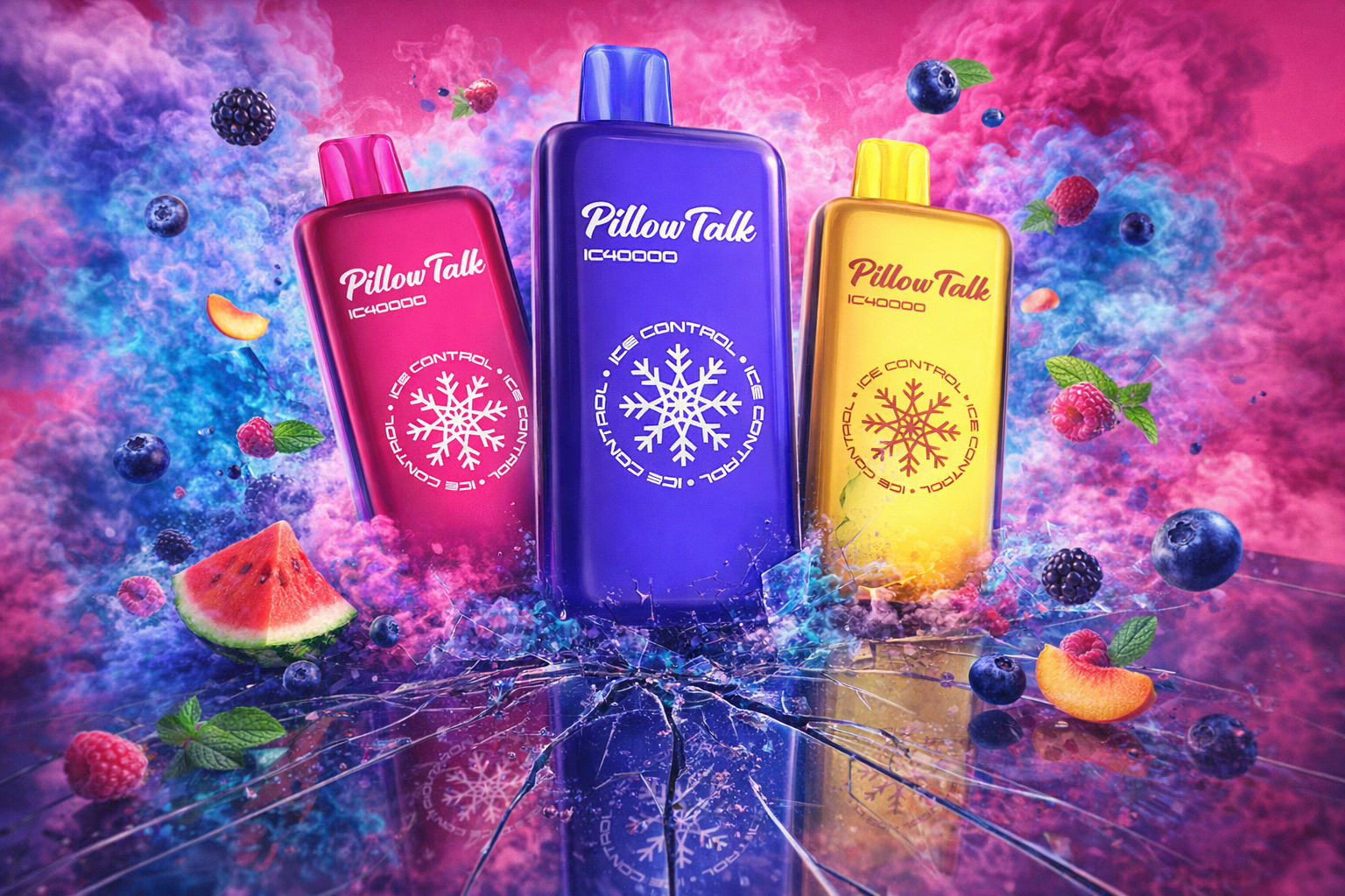 Three vibrant, rectangular Pillow Talk IC40000 vape devices in pink, purple, and gold are positioned upright against a background of swirling colorful smoke. They sit atop a shattered glass surface that reflects a large snowflake icon, surrounded by various floating fruits like watermelon slices, blueberries, and raspberries. The overall aesthetic is high-energy and frozen, emphasizing the 